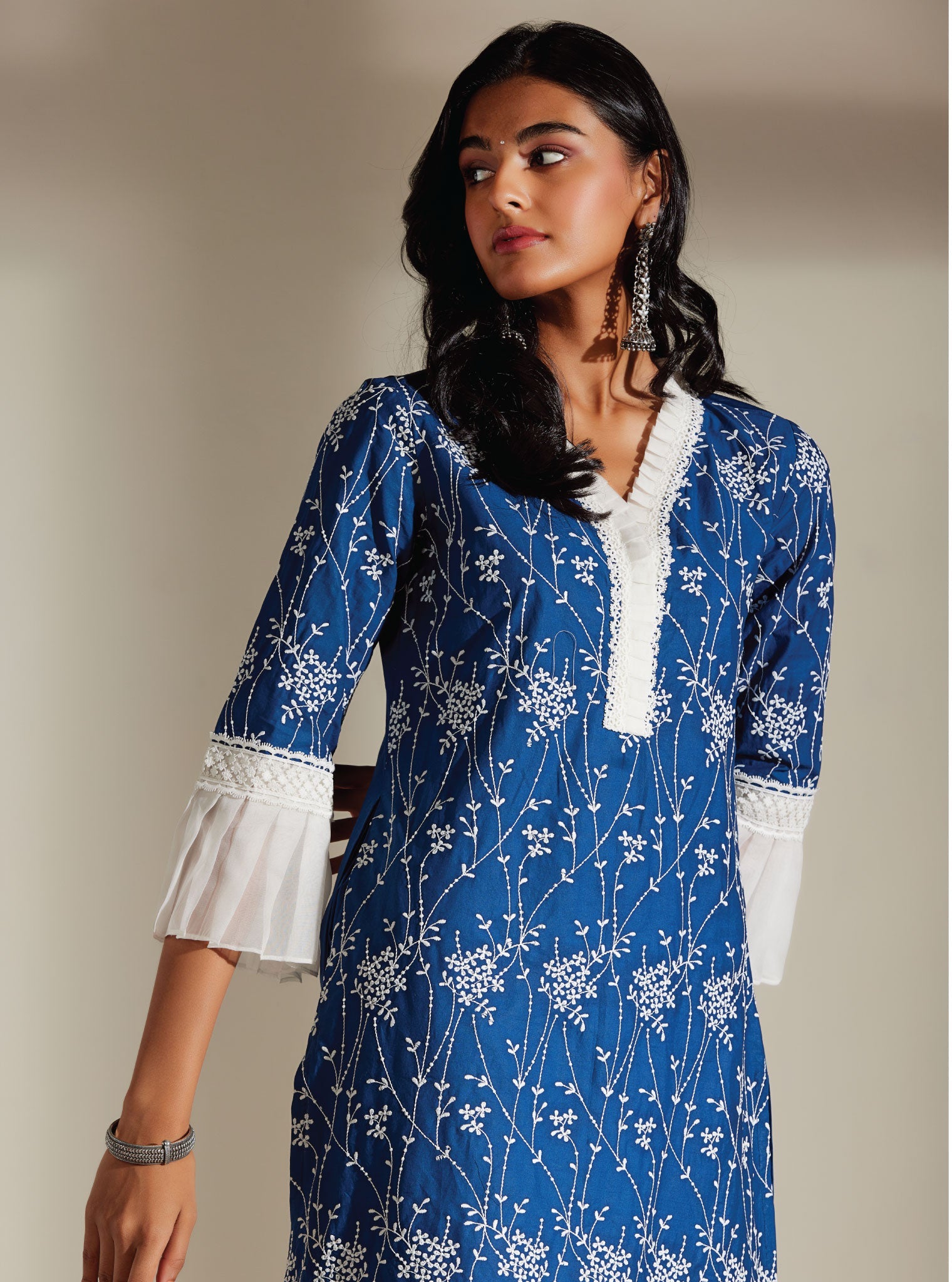 Mulmul Cotton Carmen Navy Kurta With Mulmul Cotton Diagonal Lace White Pant