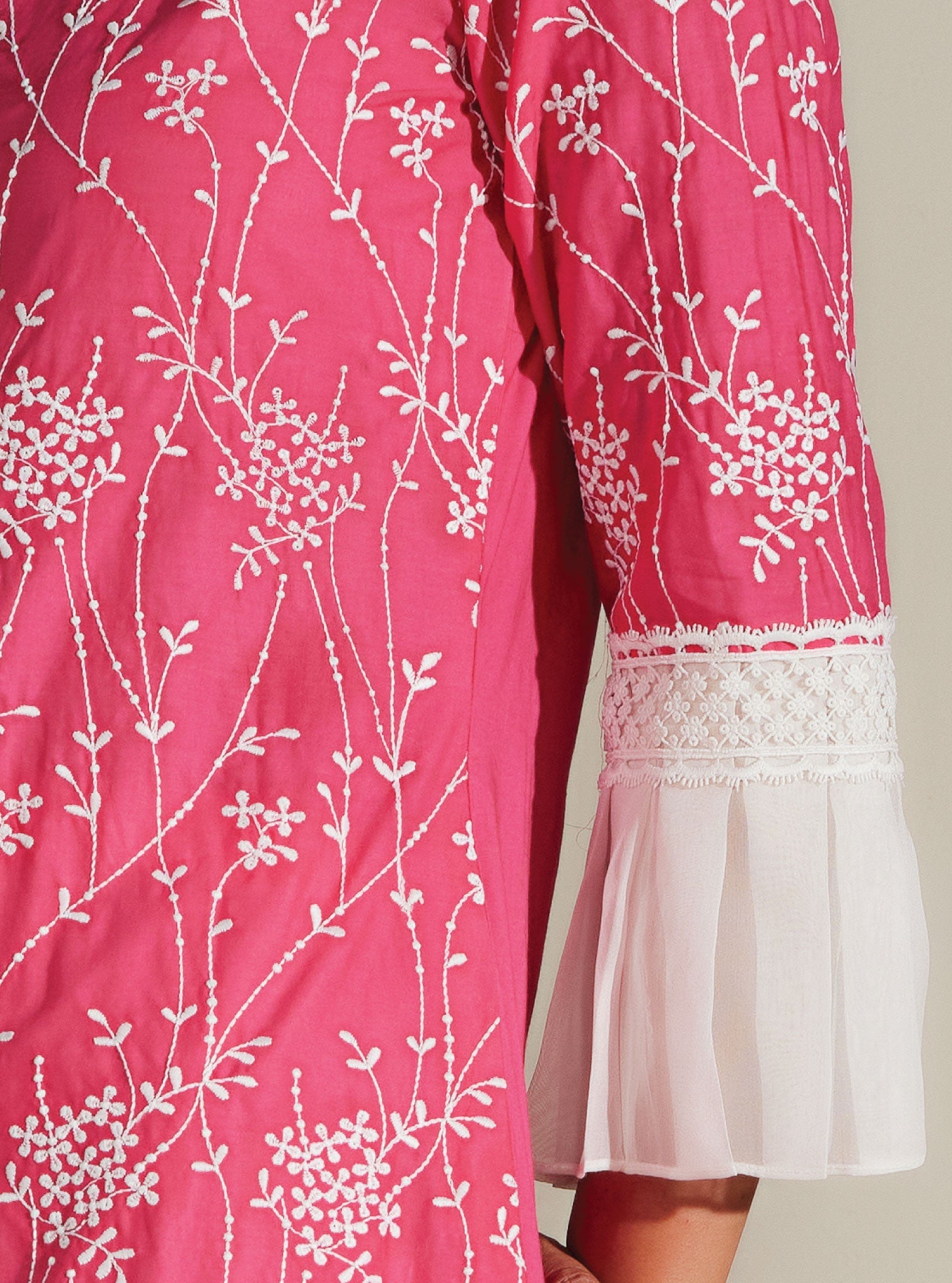 Mulmul Cotton Carmen Pink Kurta With Mulmul Cotton Diagonal Pintuck White Pant