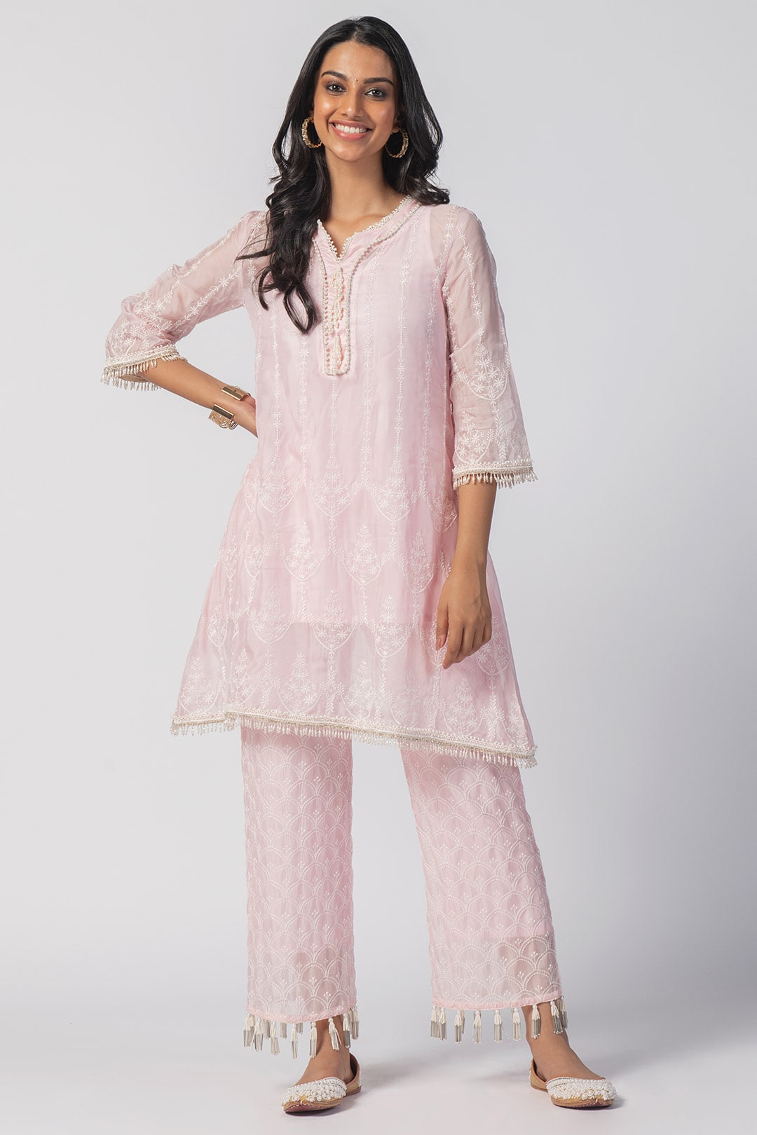 Mulmul Tencel Luxe Organza Celeste Kurta Pink With Celeste Pant