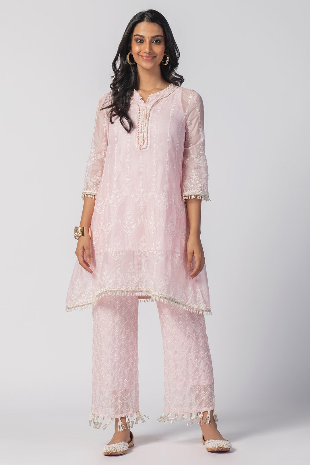 Mulmul Tencel Luxe Organza Celeste Kurta Pink With Celeste Pant