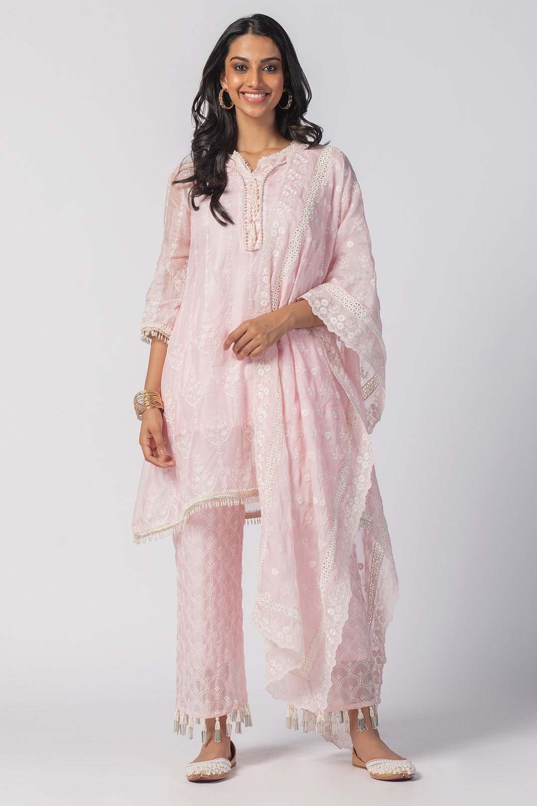 Mulmul Tencel Luxe Organza Celeste Kurta Pink With Celeste Pant