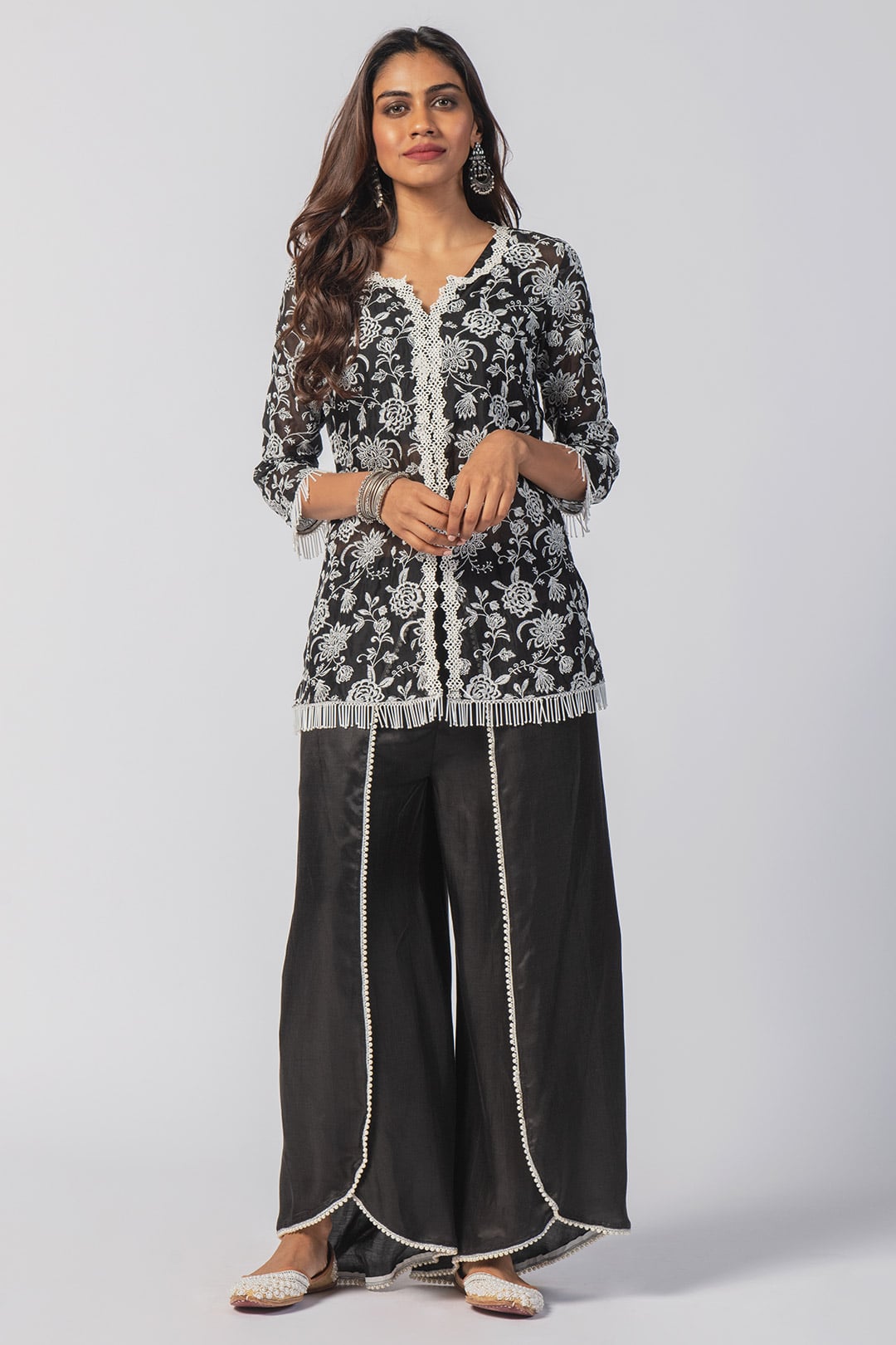 Mulmul Tencel Luxe Organza Claire Black Kurta With Cupro Claire Dhoti Black Pant