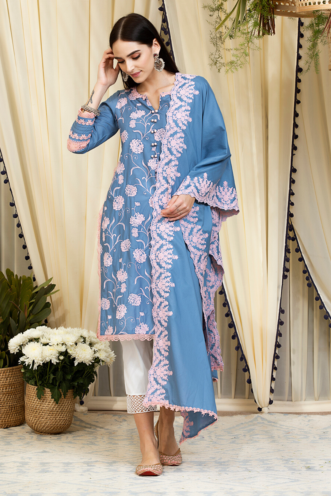 Mulmul Cotton Claudia Kurta Denim With Fern Cotton Pyajama