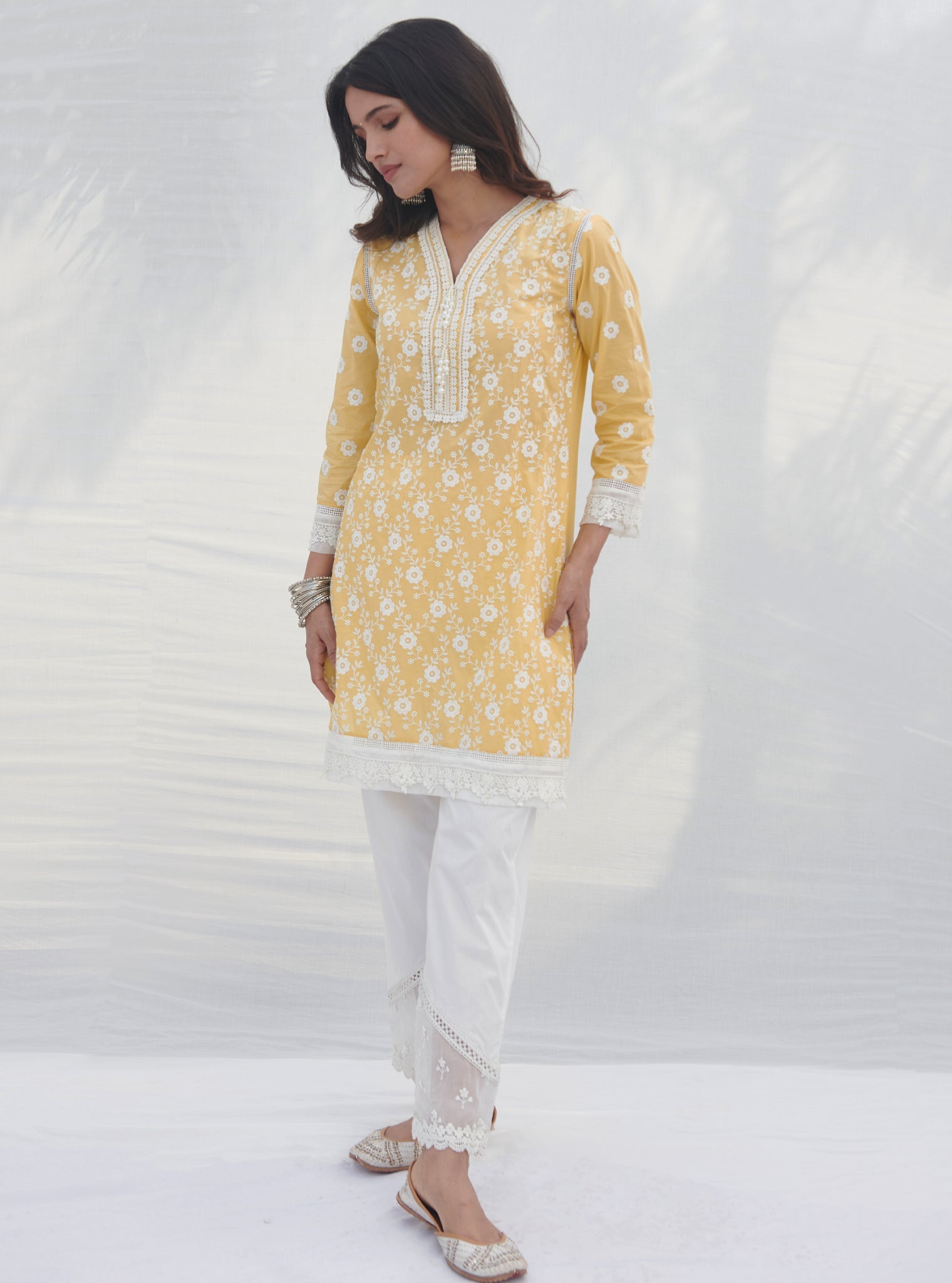 Mulmul Cotton Codli Yellow Kurta With Mulmul Cotton Applique Organza Panel White Pant