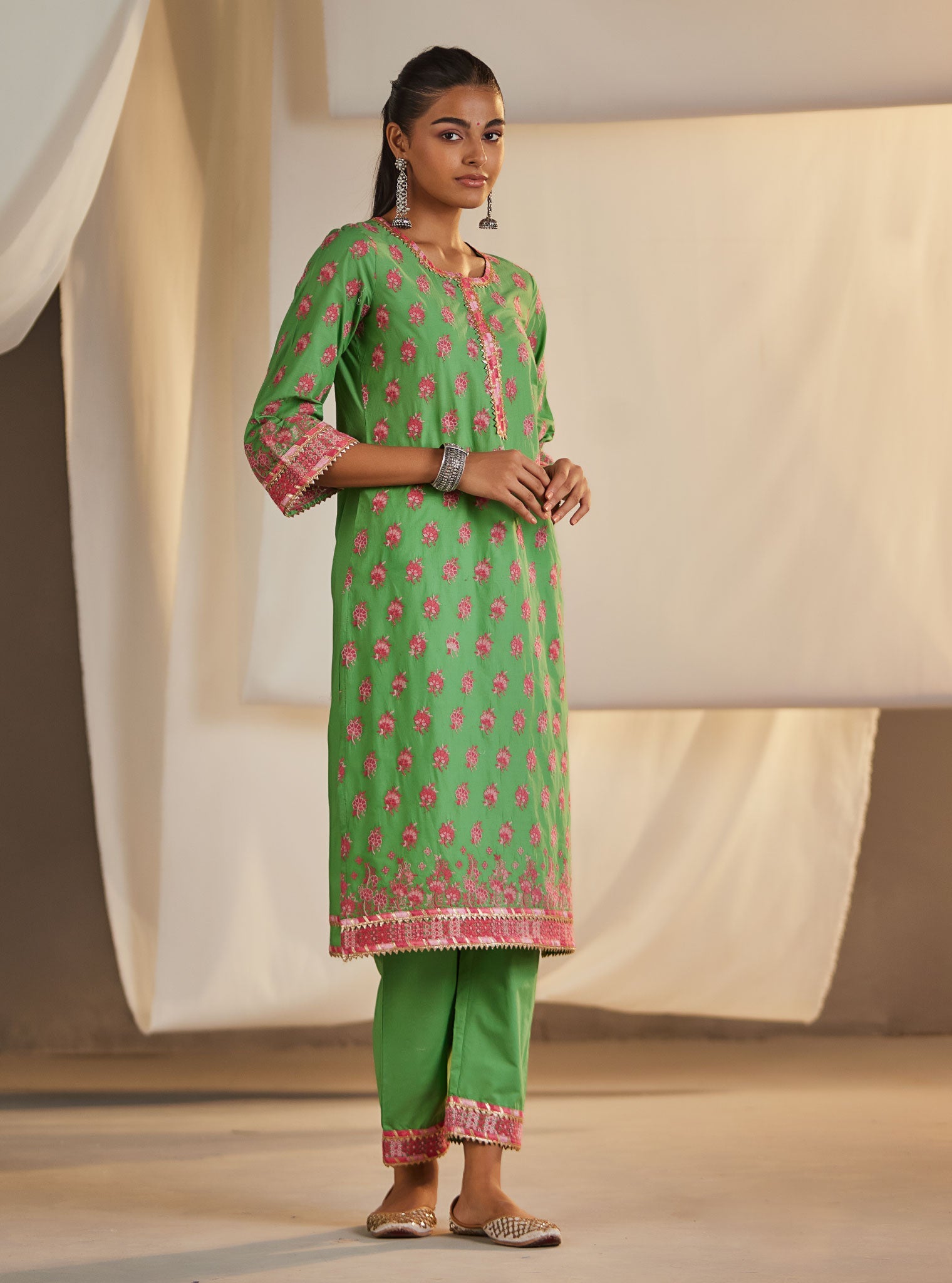 Mulmul Cotton Denise Green Kurta With Denise Green Pant