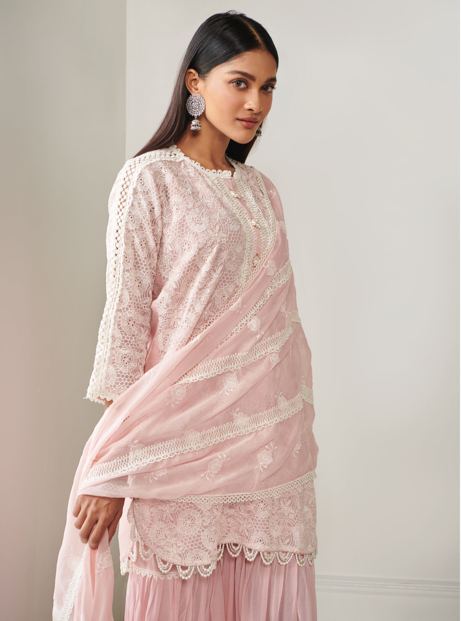 Mulmul Organza Demi Pink Kurta With Mulmul Georgette Demi Pink Garara