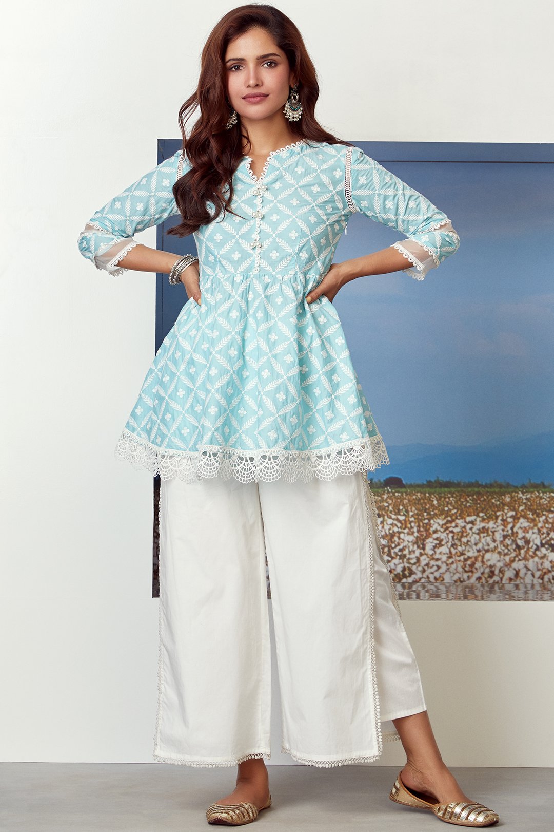 Mulmul Cotton Dew Drop Kurta With Flap Pant