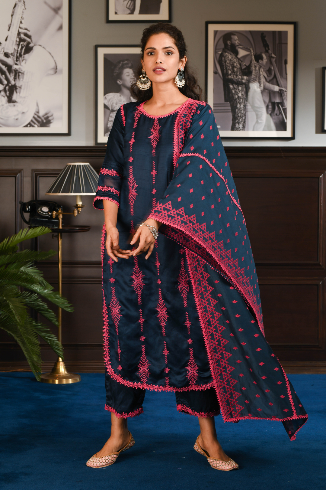 Mulmul Japanese Silk Dita Navy Kurta with Dita Navy Pants