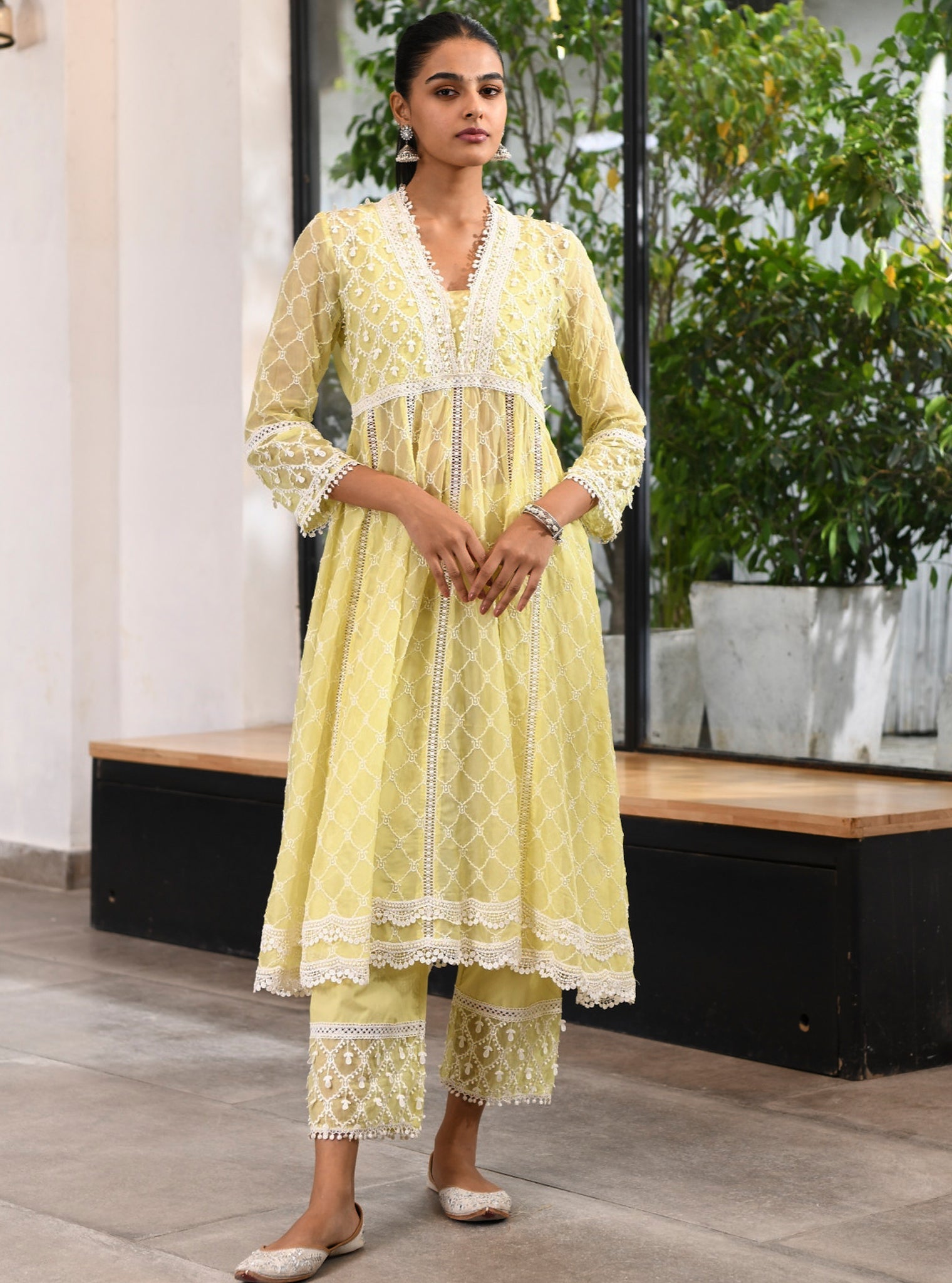 Mulmul Organza Anarkali Dori Lime Kurta With Mulmul Cotton Dori Lime Pant