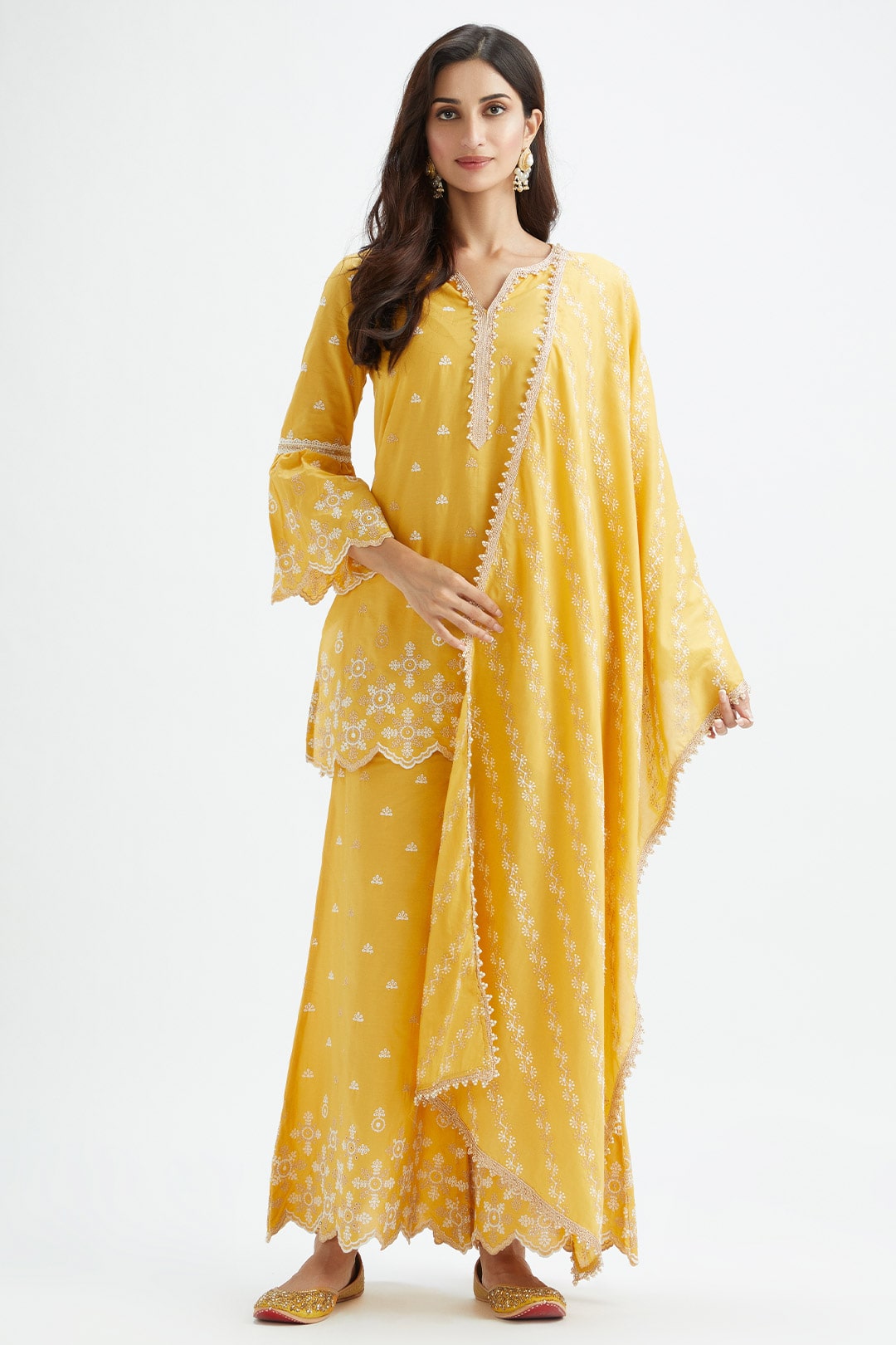 Mulmul Cotton Dove Yellow Kurta With Dove Yellow Sharara