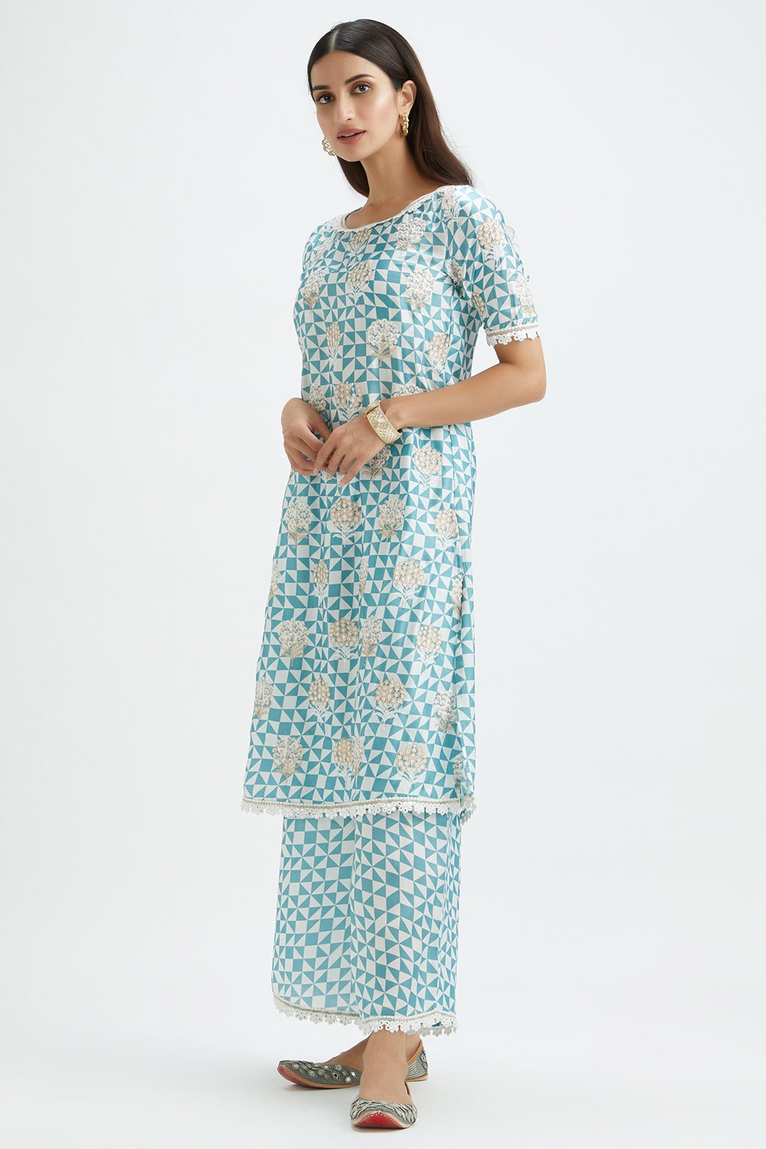 Mulmul Cupro Silk Dover Teal Kurta With Dover Teal Pant