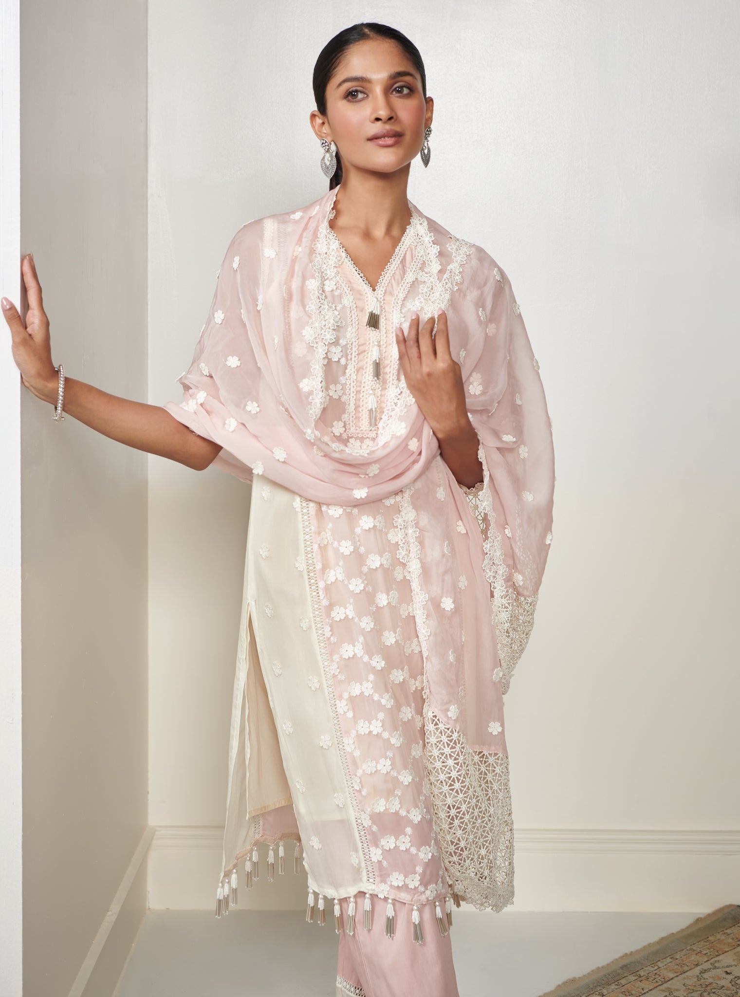 Mulmul Organza Elliot Pink Kurta With Mulmul Cotton Elliot Pink Pant