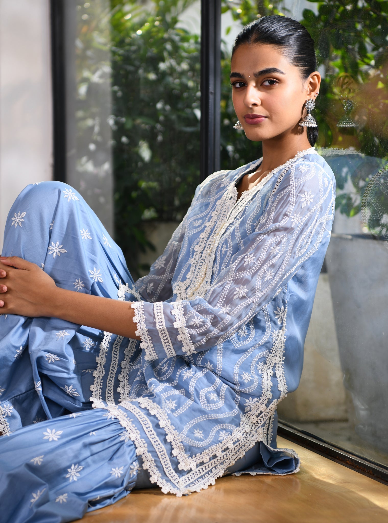 Mulmul Organza Faeleen Blue Kurta With Mulmul Pima Faeleen Blue Garara