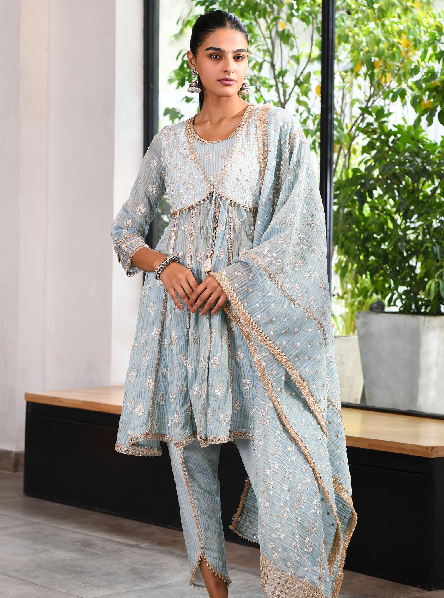 Mulmul Banarsi Finsbury Blue Short Anarkali Kurta With Finsbury Blue Dhoti Pant