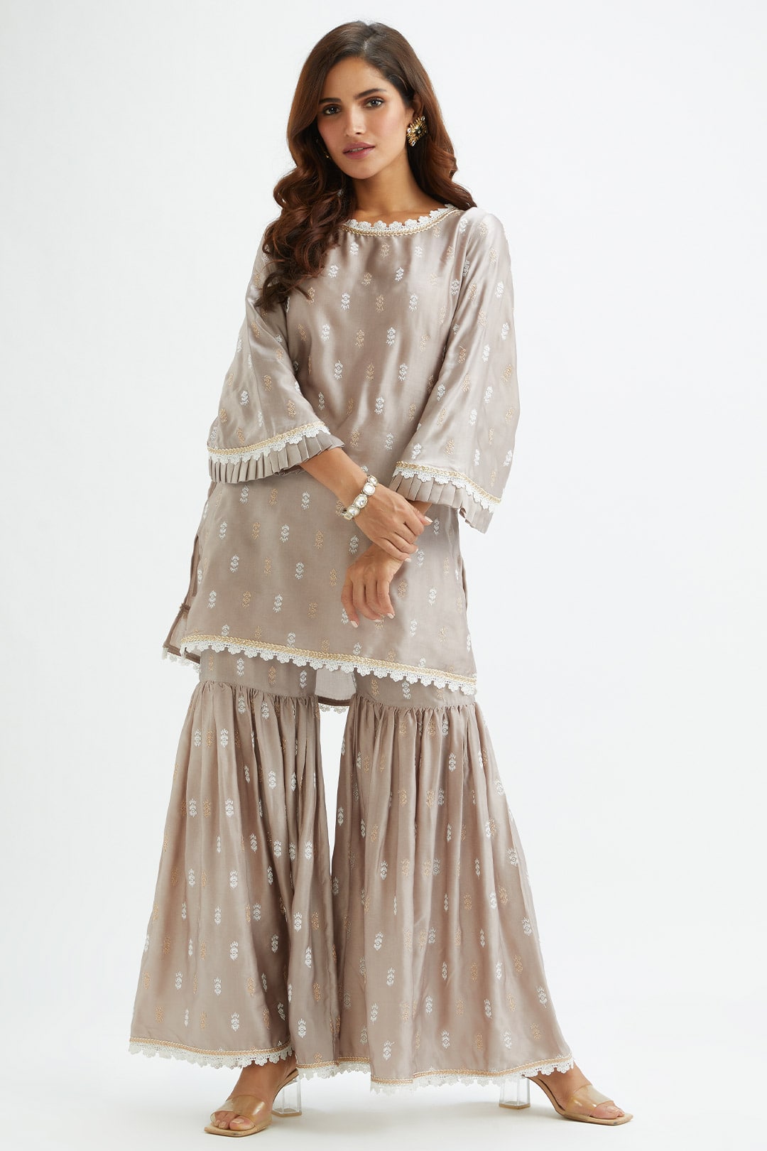 Mulmul Cupro Silk Florence Grey Kurta With Florence Dark Grey Garara