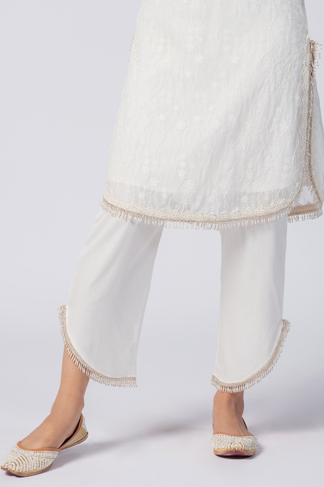 Mulmul Tencel Luxe Organza Freya Off White Kurta With Supima Cotton freya Round Hem Off White Pant