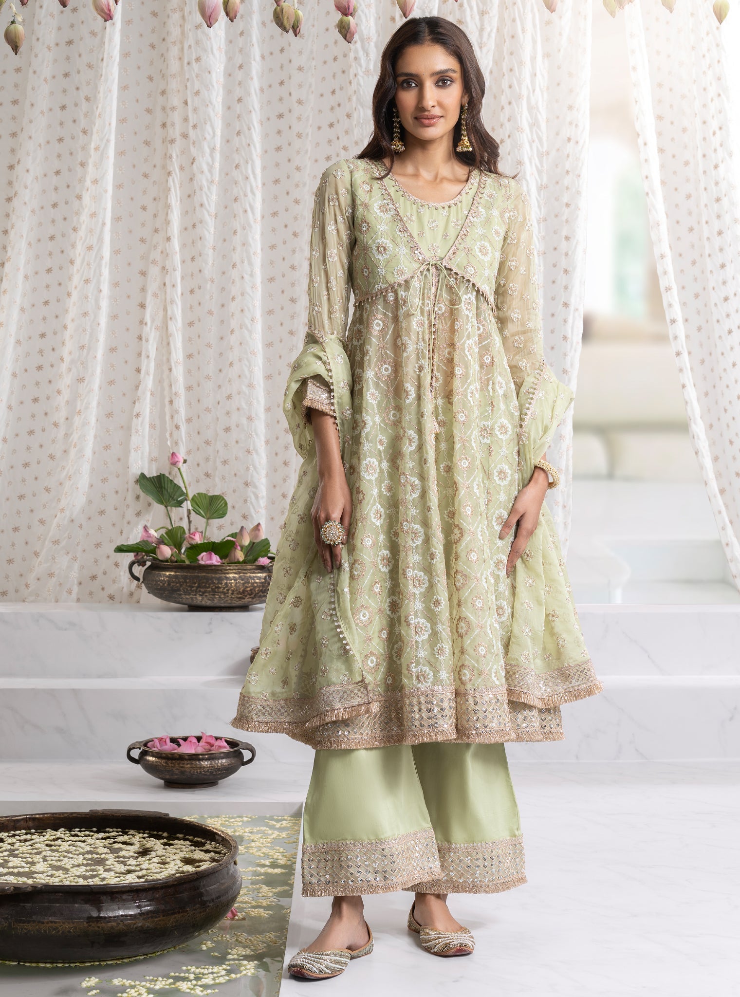 Mulmul Organza Ghoomar Anarkali Green Kurta With Mulmul Pima Ghoomar Green Pant