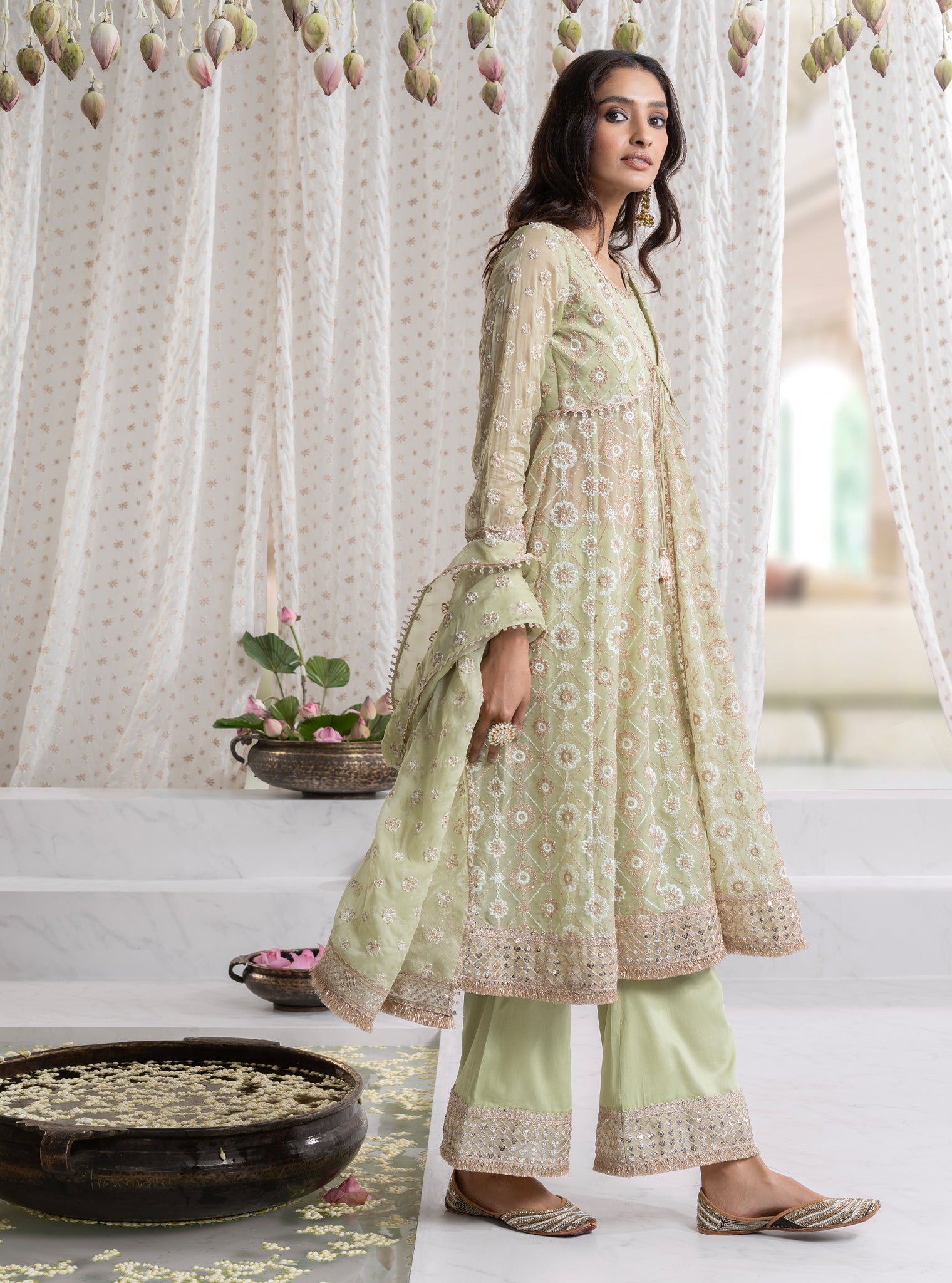 Mulmul Organza Ghoomar Anarkali Green Kurta With Mulmul Pima Ghoomar Green Pant