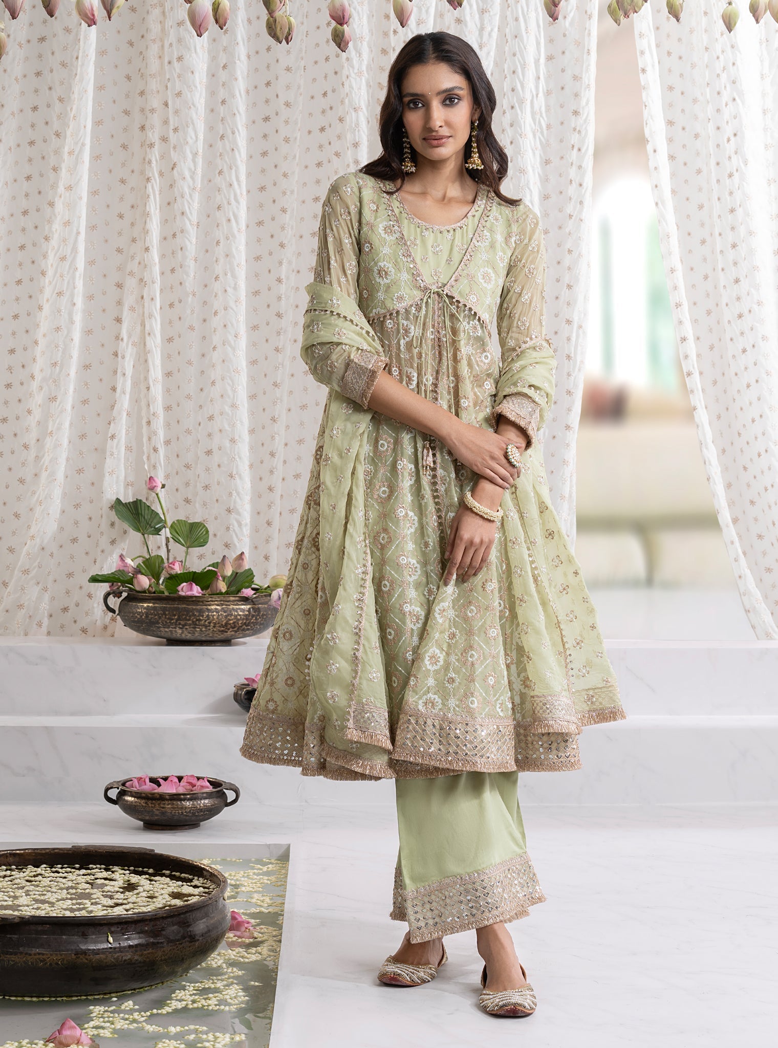 Mulmul Organza Ghoomar Anarkali Green Kurta With Mulmul Pima Ghoomar Green Pant