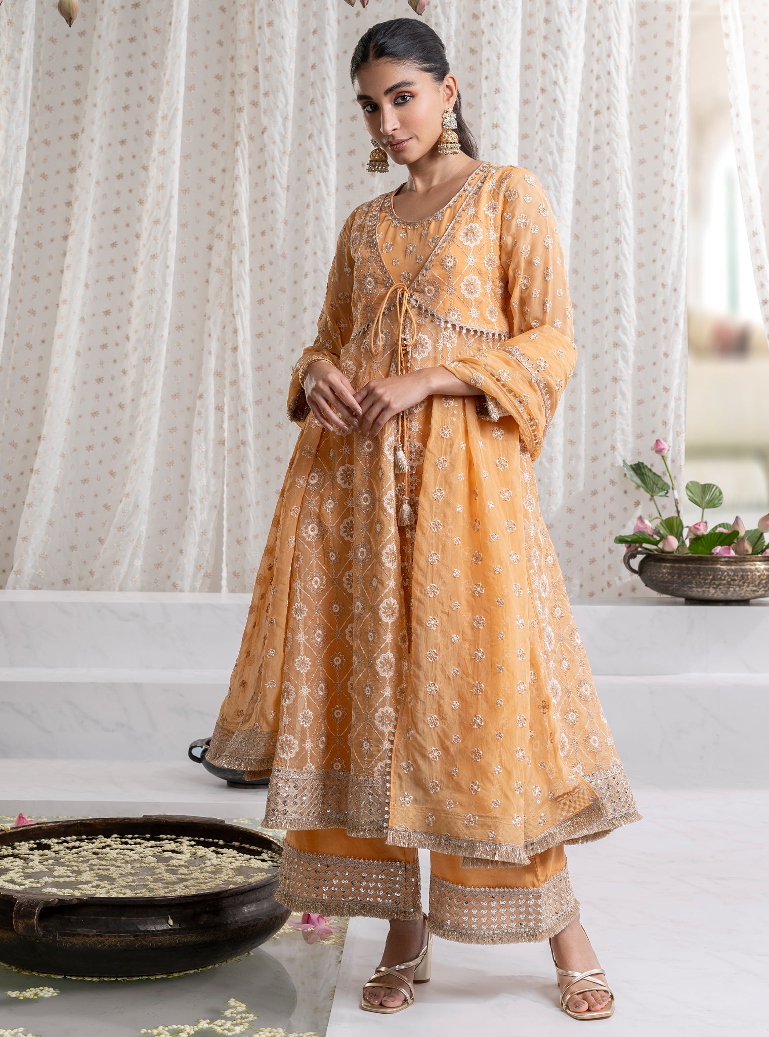 Mulmul Organza Ghoomar Anarkali Orange Kurta with Mulmul Pima Ghoomar Orange Pant