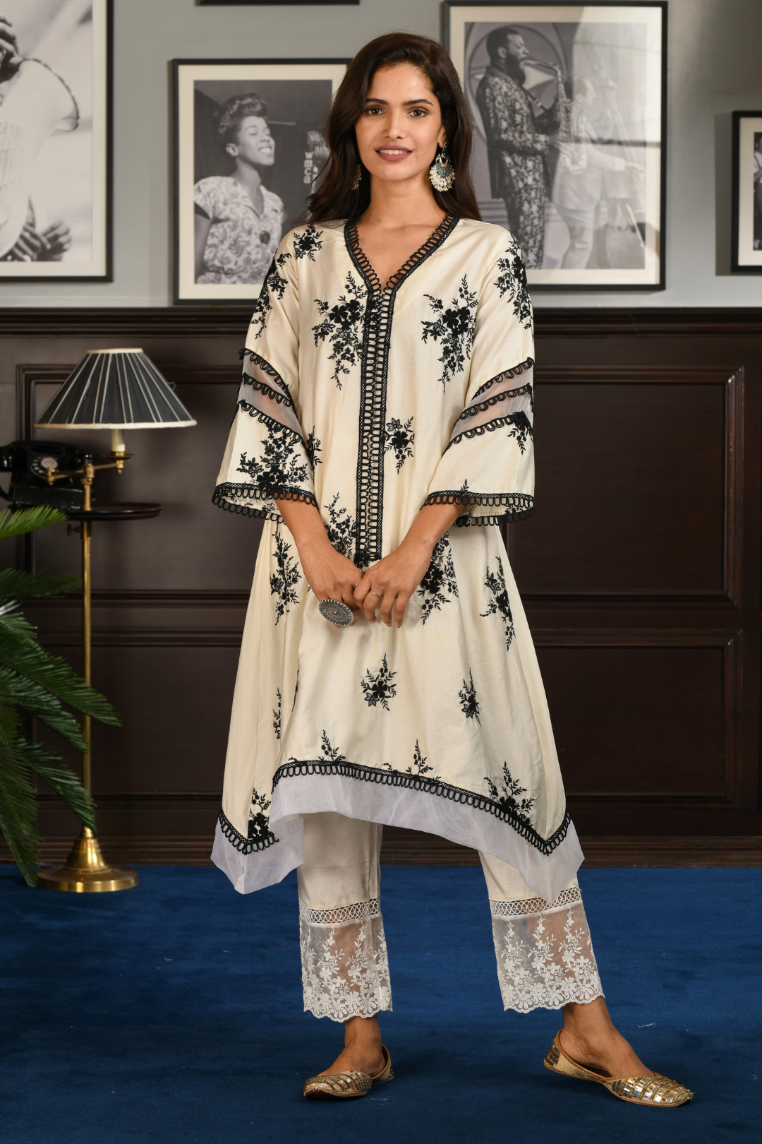 Mulmul Pima Satin Gail White Kurta With Gail White Pant