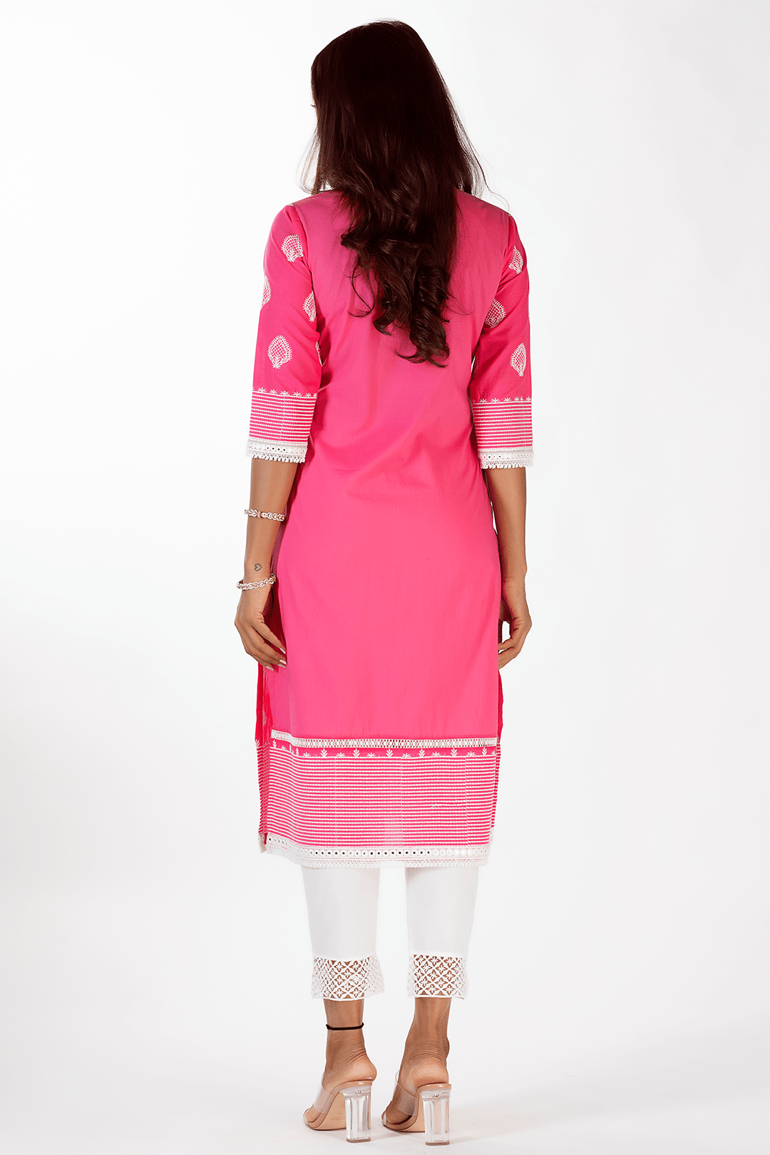 Mulmul Cotton Gene Fuchsia Kurta With Fern Pant White