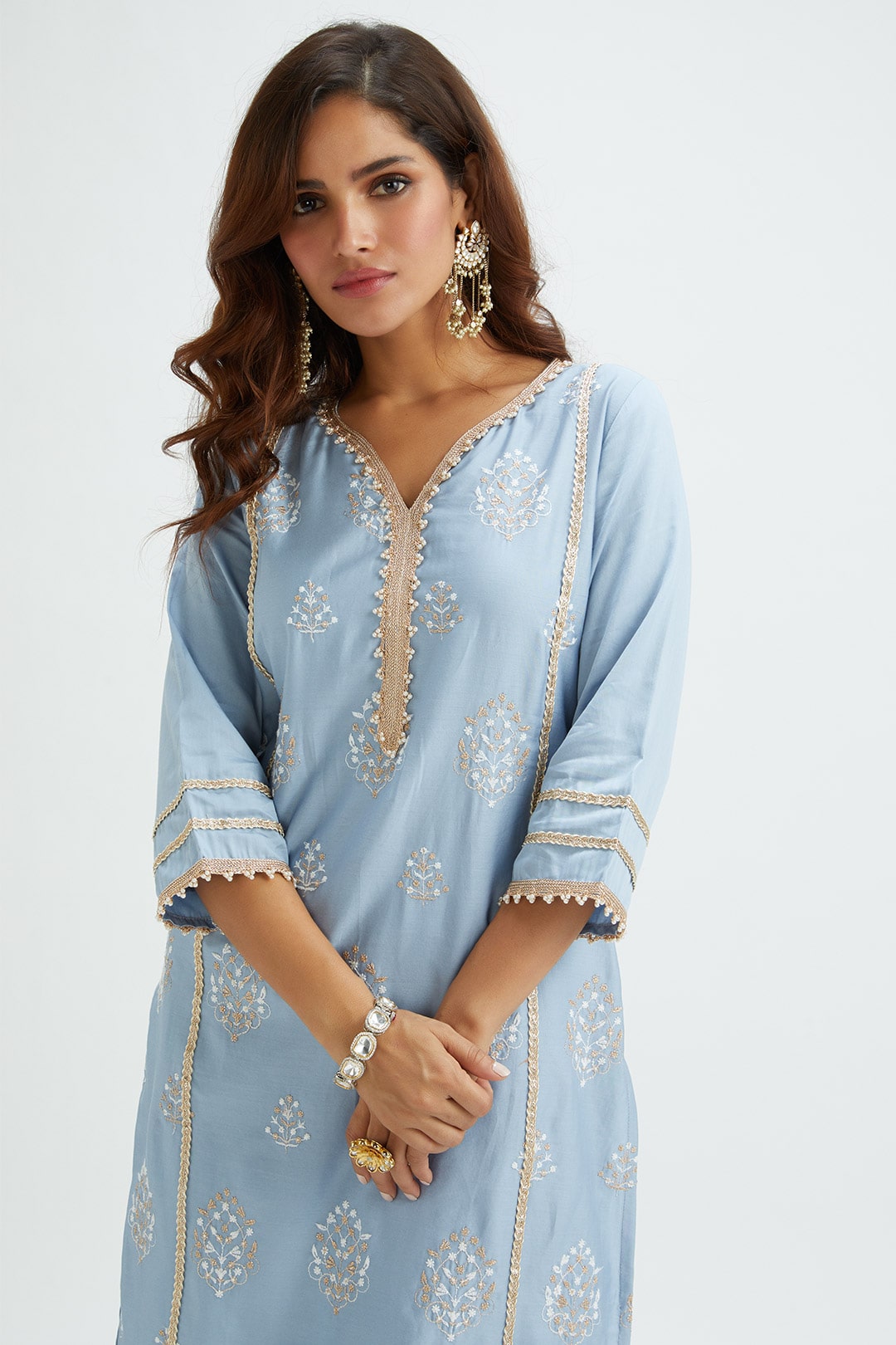 Mulmul Supima Satin Jane Blue Kurta With Jane Blue Pant