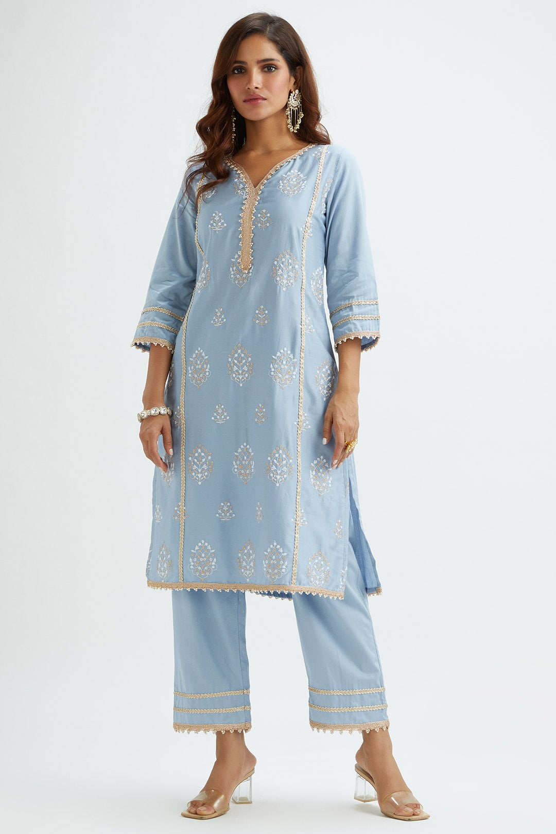 Mulmul Supima Satin Jane Blue Kurta With Jane Blue Pant