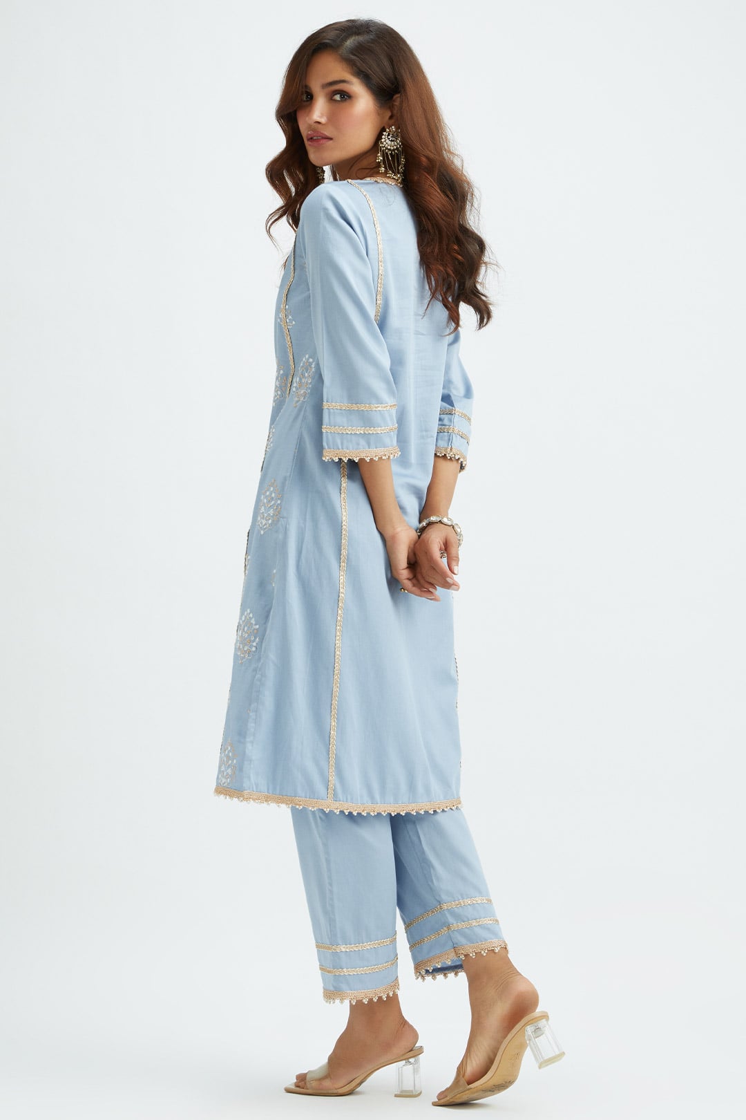 Mulmul Supima Satin Jane Blue Kurta With Jane Blue Pant