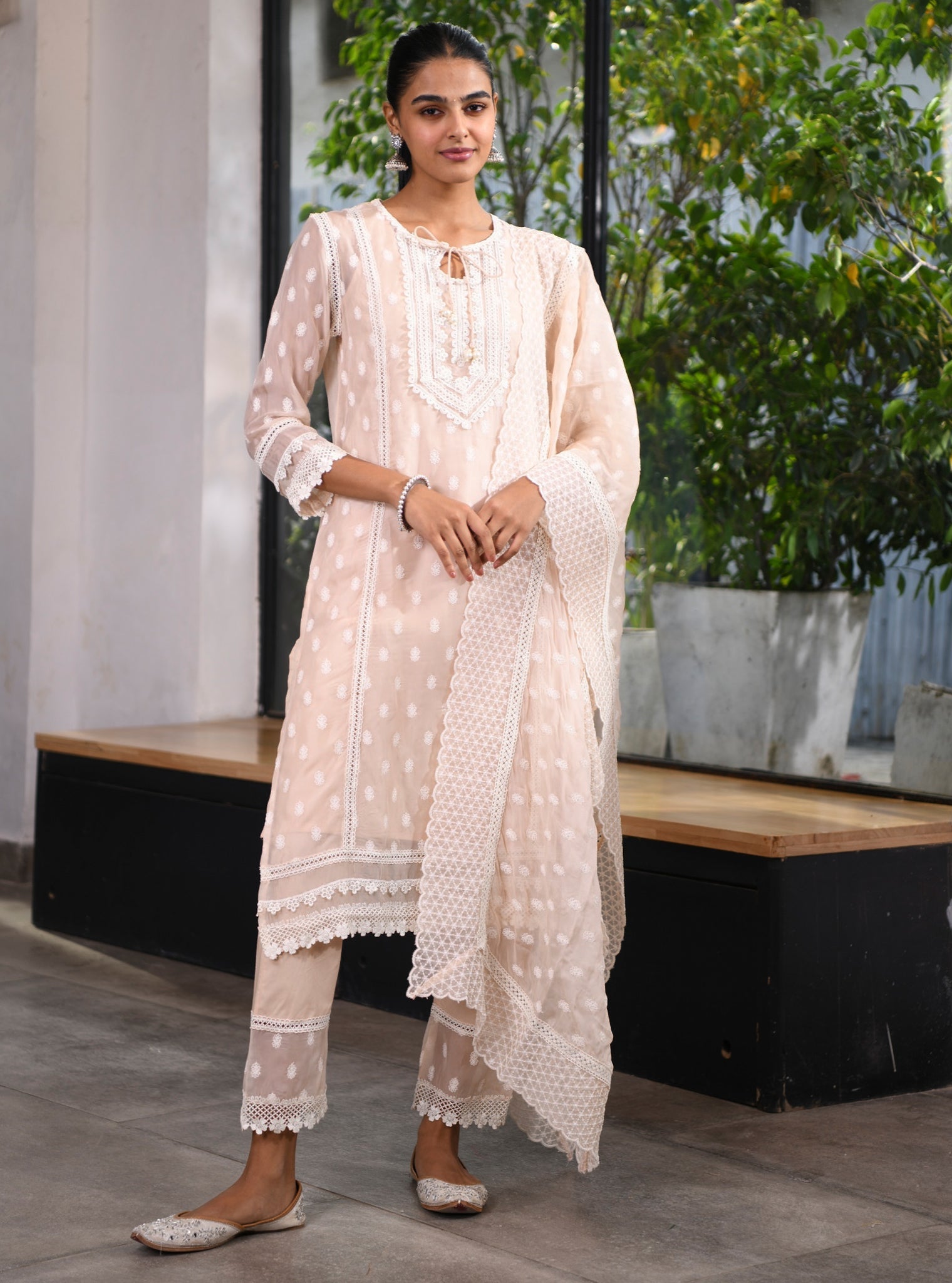 Mulmul Organza Jankia Beige Kurta With Mulmul Cotton Jankia Beige pant