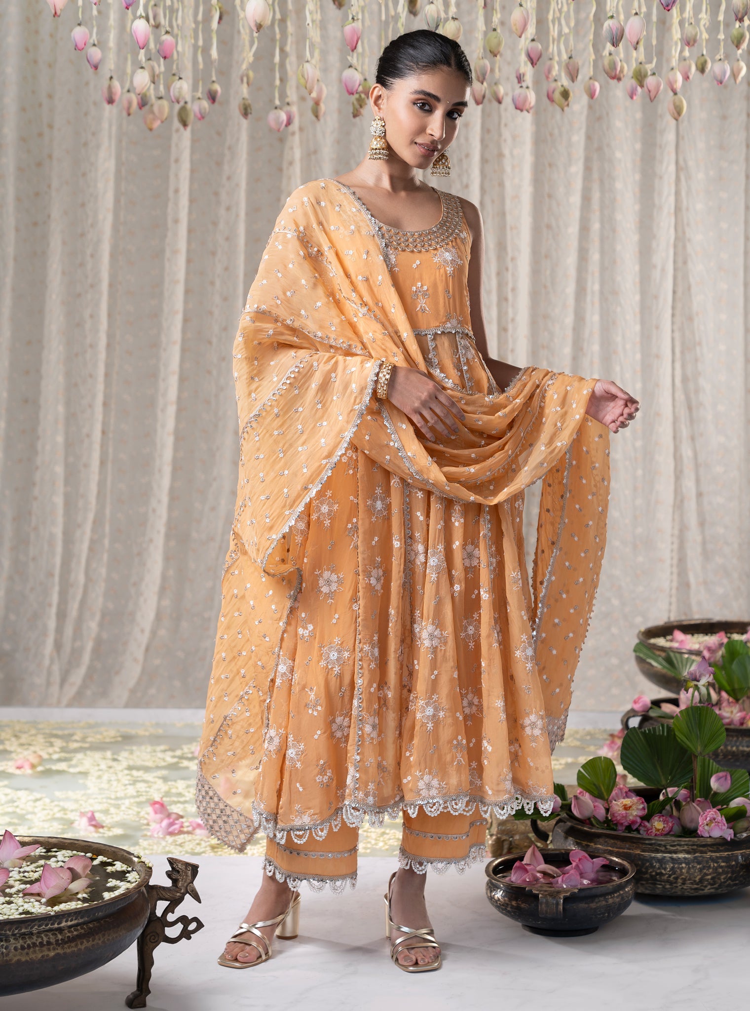 Mulmul Organza Kesariya Anarkali Orange Kurta With Mulmul Pima Kesariya Orange Pant