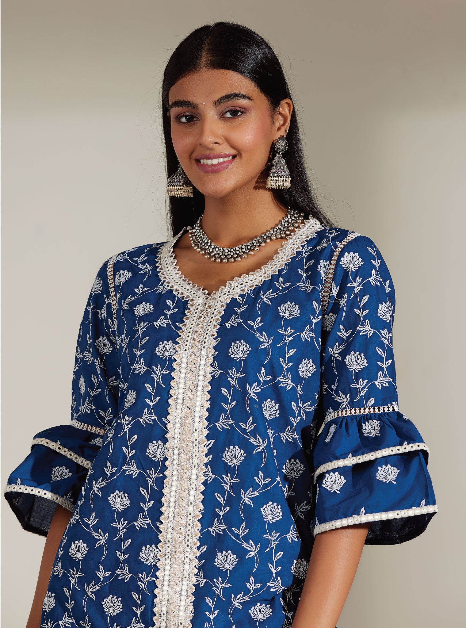 Mulmul Cotton Keziah Navy Kurta With Keziah Navy Garara