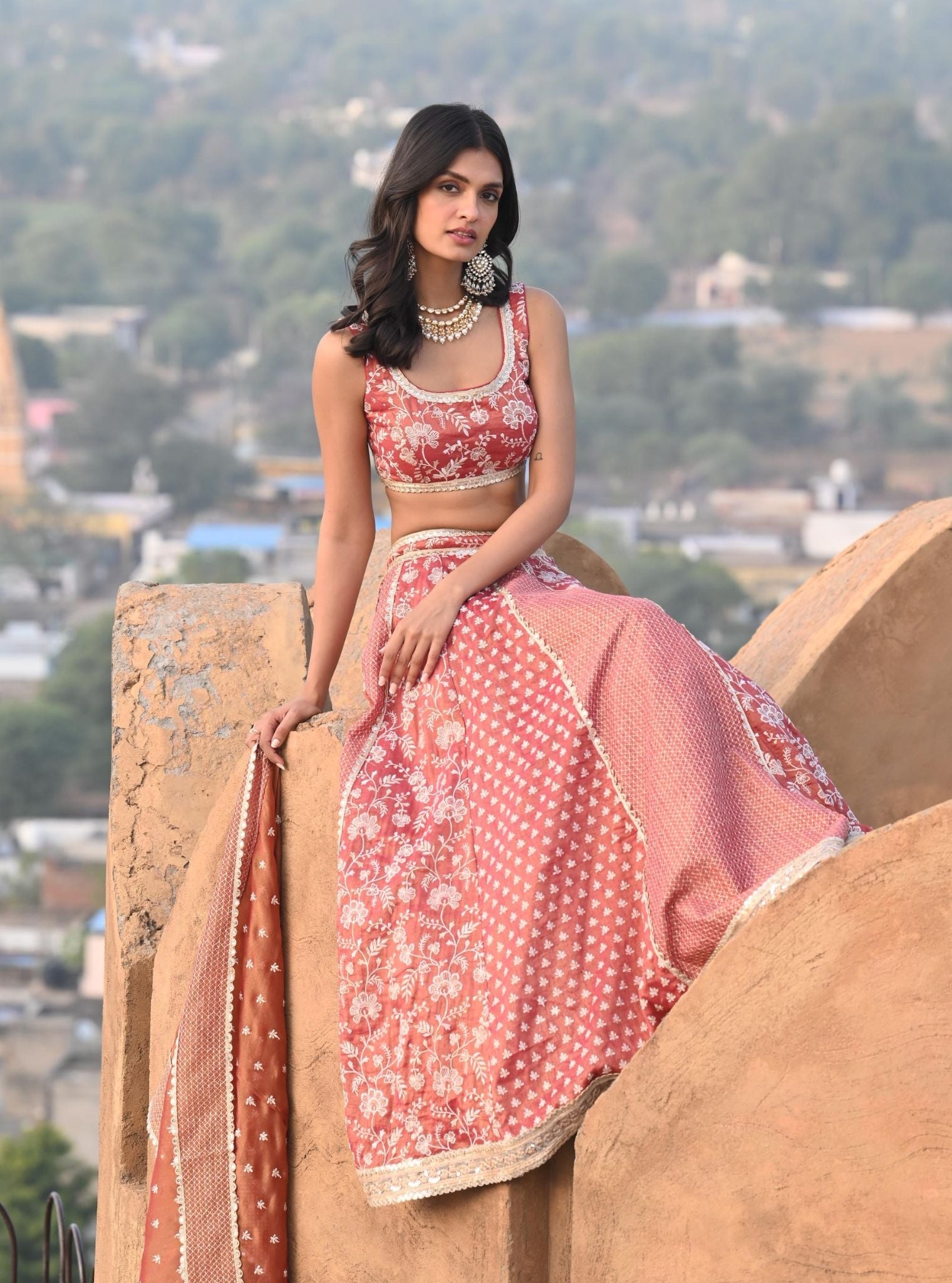 Mulmul Luxe Tissue Satin Deewani Red Lehenga