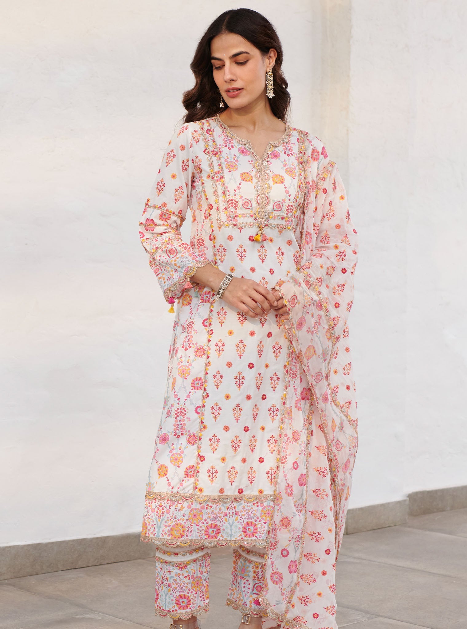 Mulmul Cotton Lexi White Kurta With Lexi White Pant