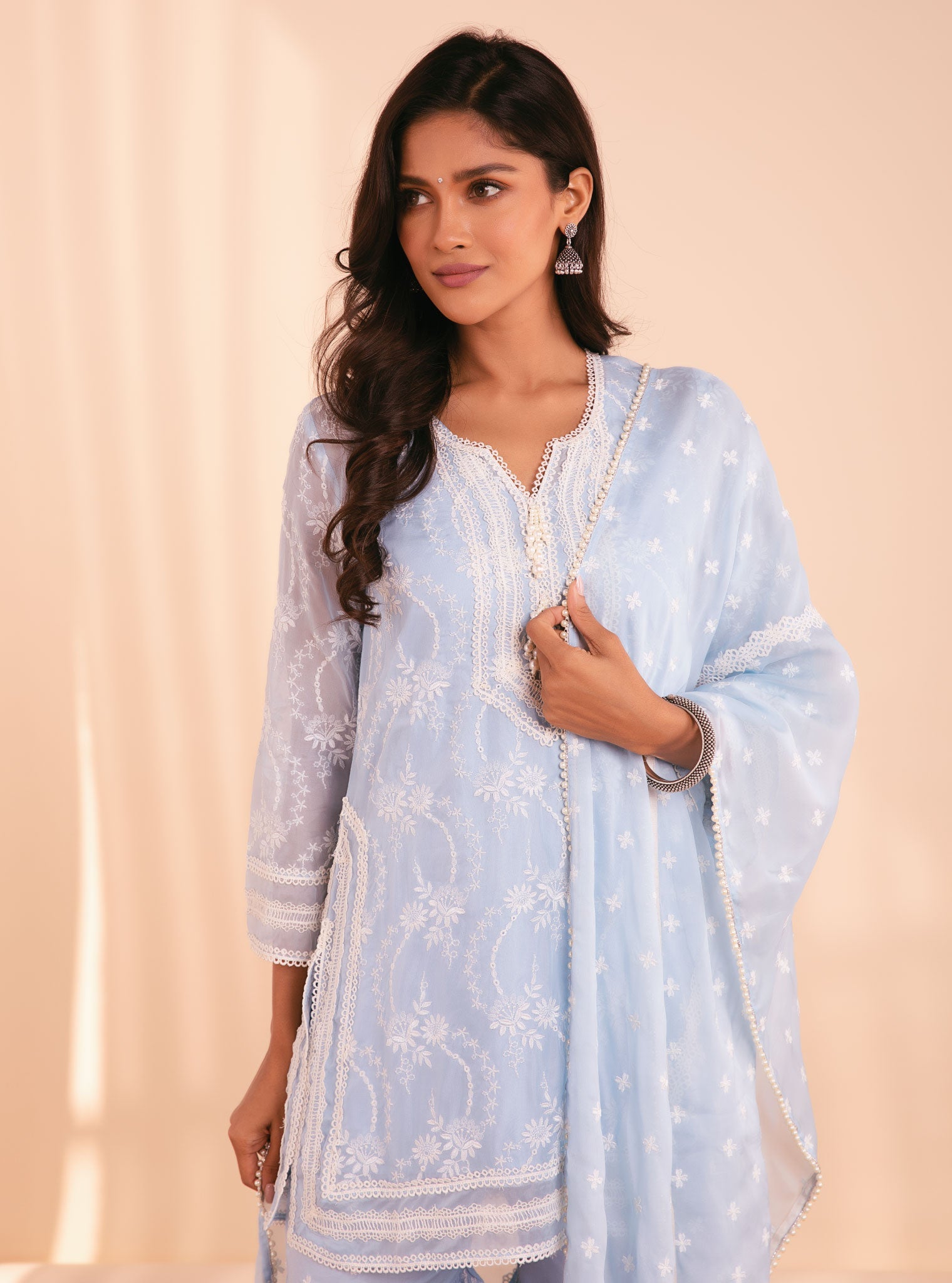 Mulmul Organza Luna Blue Kurta With Supima Cotton Luna Blue Garara