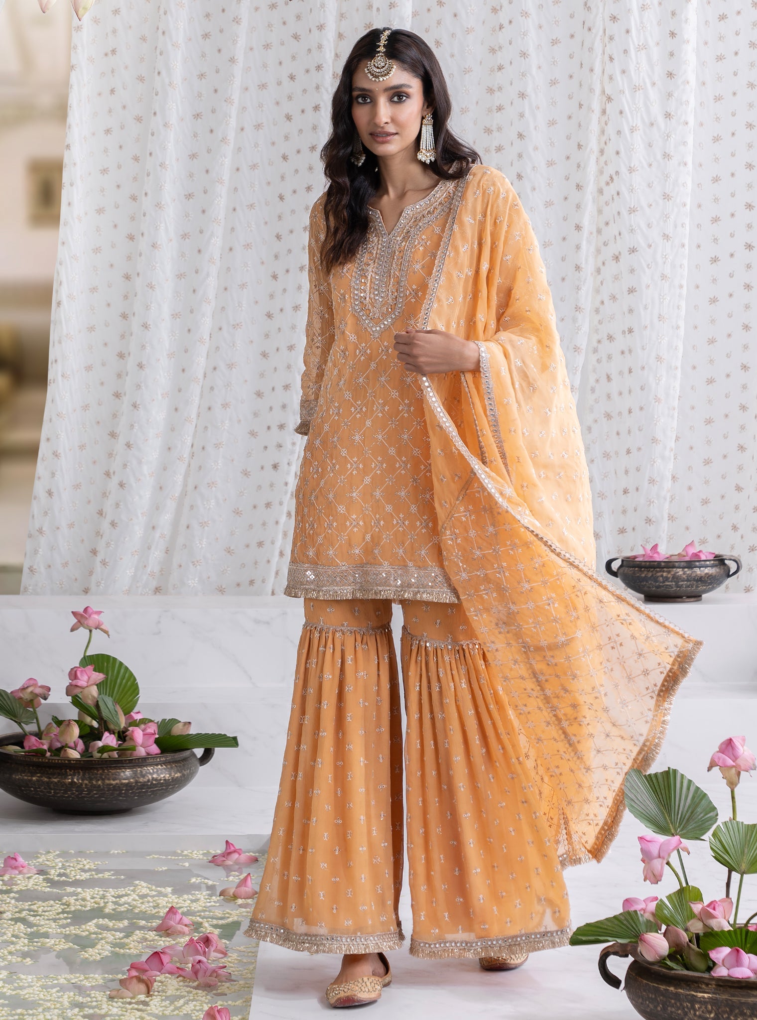 Mulmul Organza Makhna Orange Kurta With Mulmul Chiffon Makhna Orange Garara