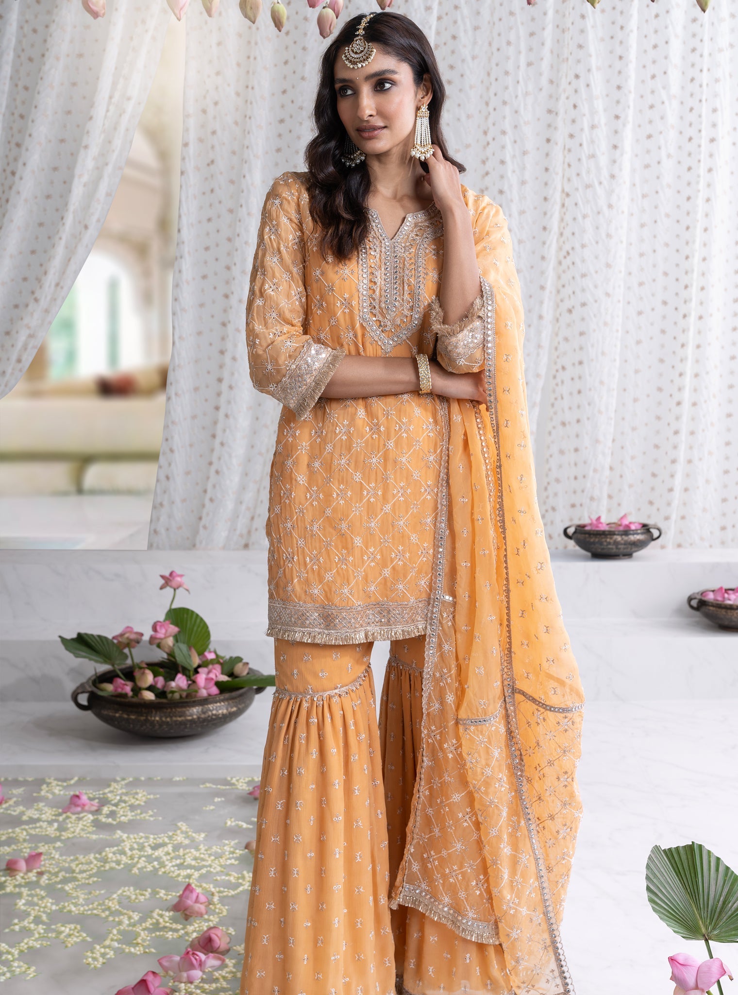 Mulmul Organza Makhna Orange Kurta With Mulmul Chiffon Makhna Orange Garara