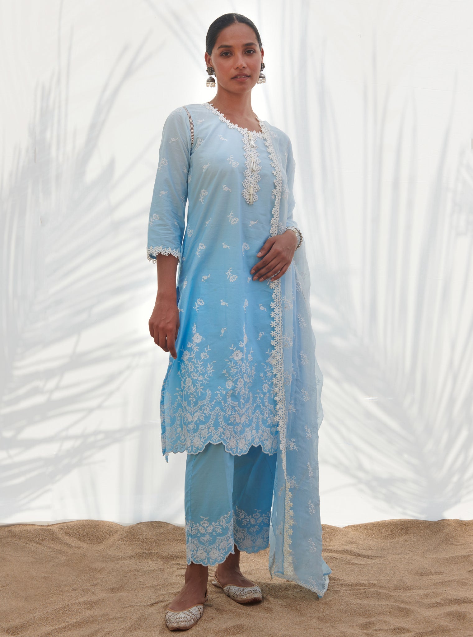 Mulmul Cotton Mandre Blue Kurta With Mandre Blue Pant