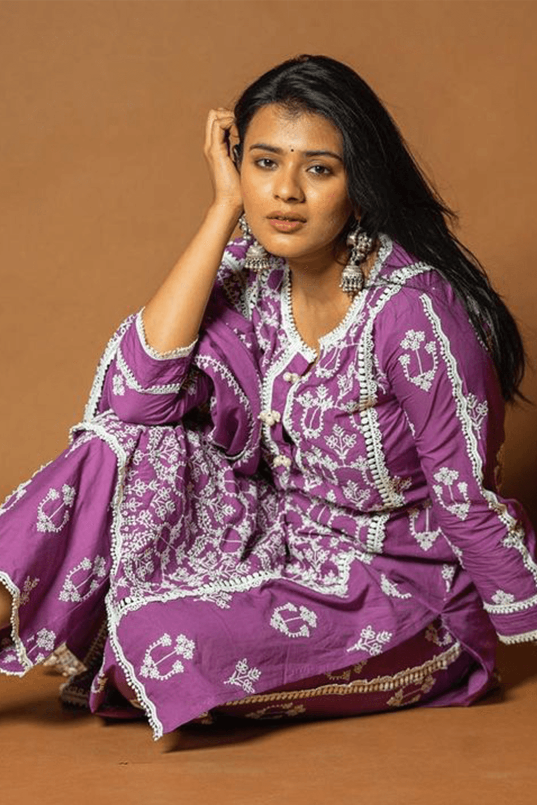 Mulmul Cotton Mae Purple Kurta With Mae Purple Pyajama