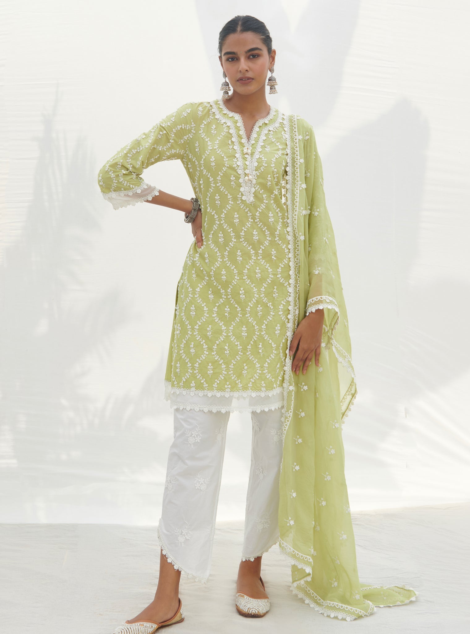 Mulmul Cotton Maneri Lime Kurta With Mulmul Cotton Emb Rounded Hem White Pant