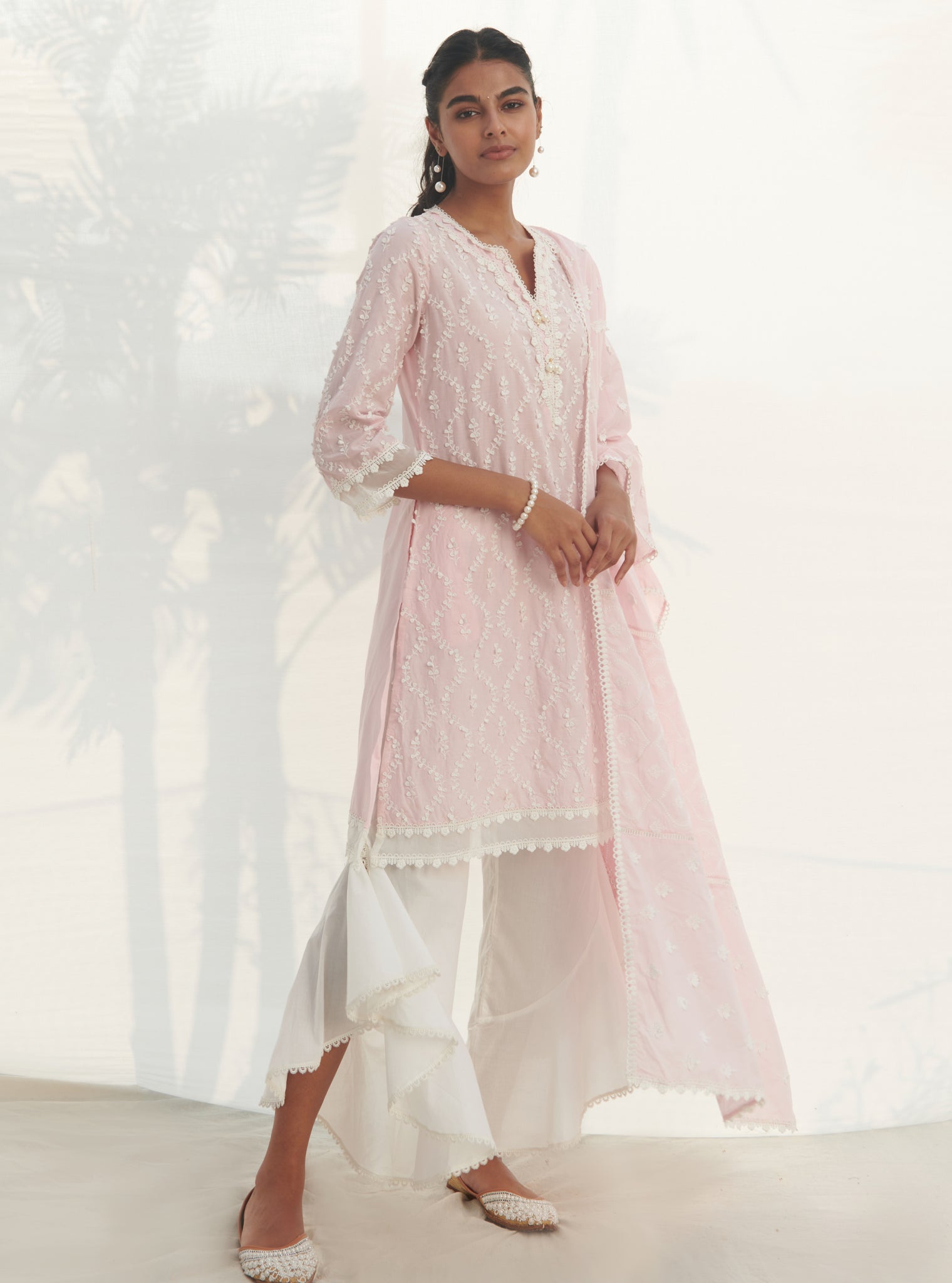 Mulmul Cotton Maneri Pink Kurta With Mulmul Cotton Ruffle White Pant