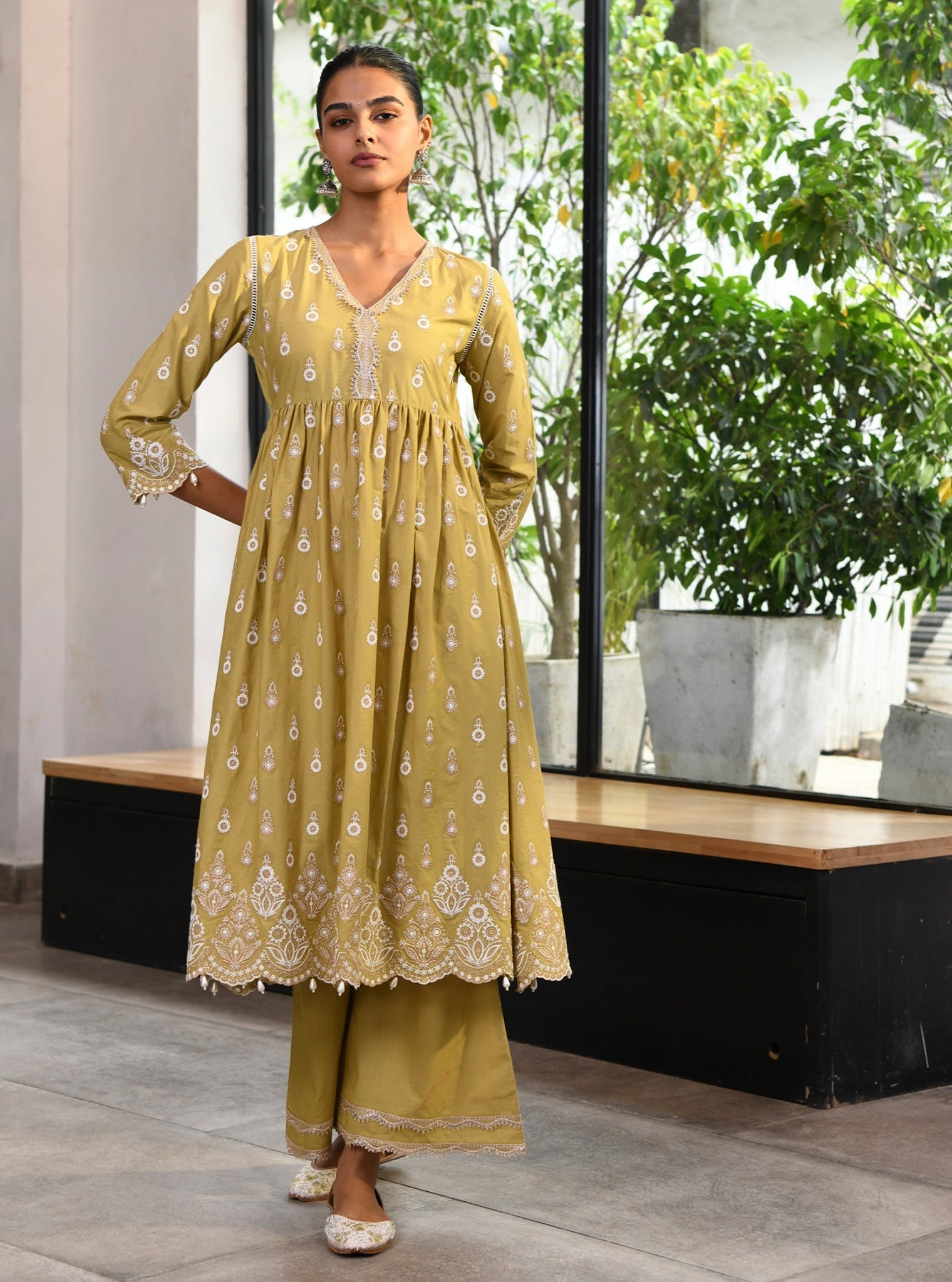 Mulmul Cotton Marina Anarkali Green Kurta With Marina Green Pant