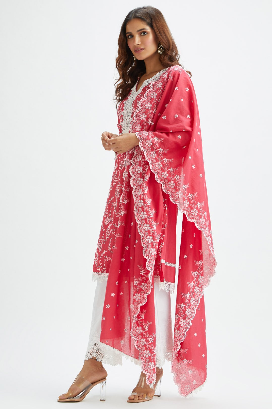 Mulmul Cotton Merlin Red Kurta With Emb Bellbottom White Pyajama