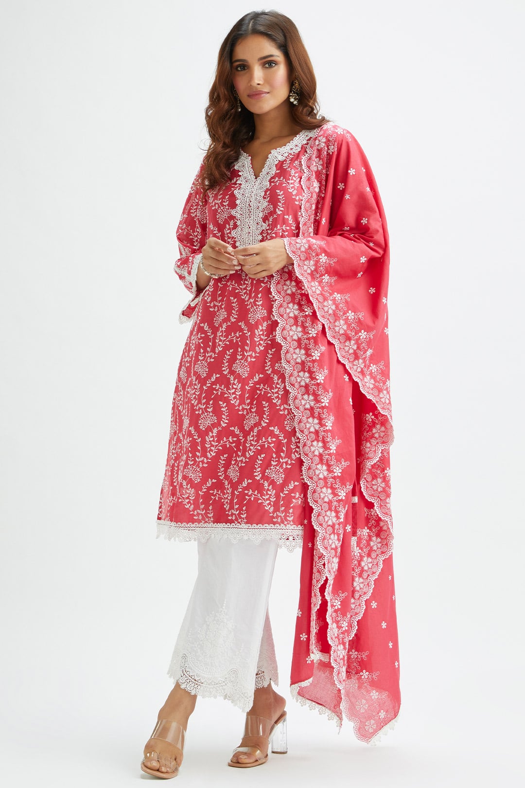 Mulmul Cotton Merlin Red Kurta With Emb Bellbottom White Pyajama