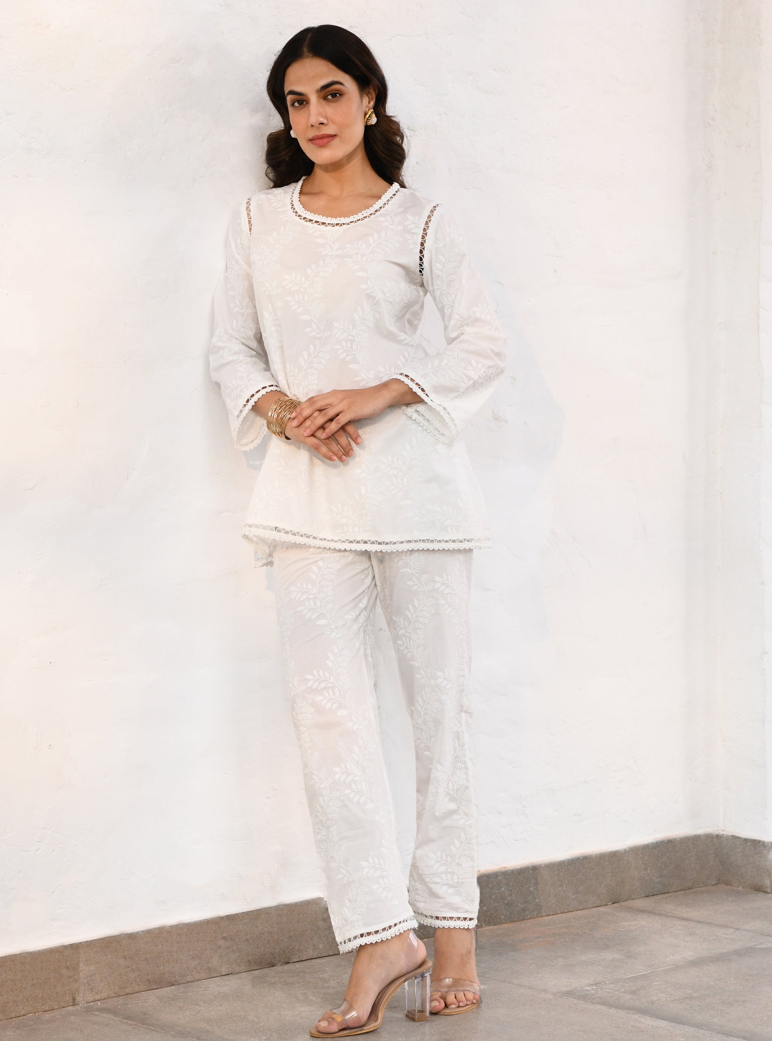 Mulmul Cotton Milton White Top With Milton White Pant