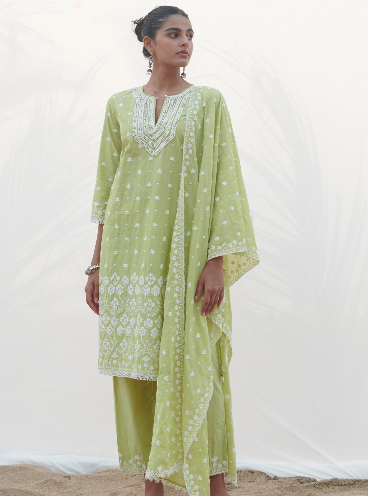 Mulmul Cotton Miramar Lime Kurta With Mulmul Cotton Miramar Lime Pant