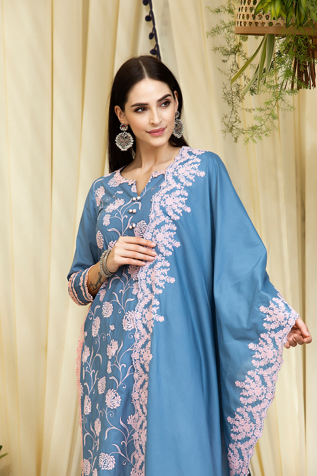 Mulmul Cotton Claudia Kurta Denim With Fern Cotton Pyajama