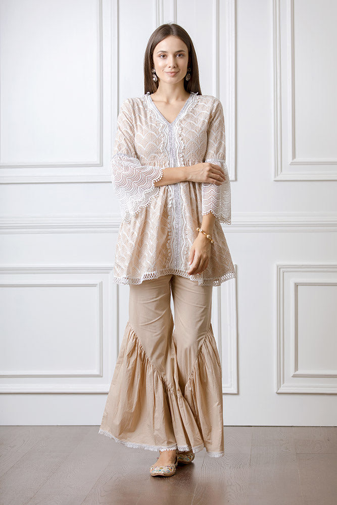 Mulmul Hazel Beige Top With Hazel Bellbottoms