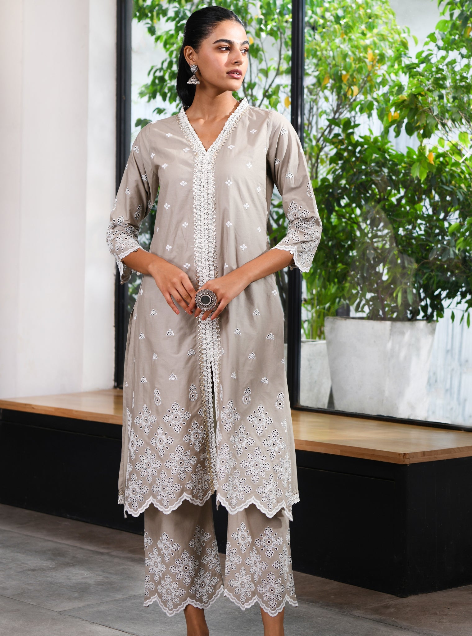 Mulmul Cotton Ophelia Grey kurta With Ophelia Grey Palazzo