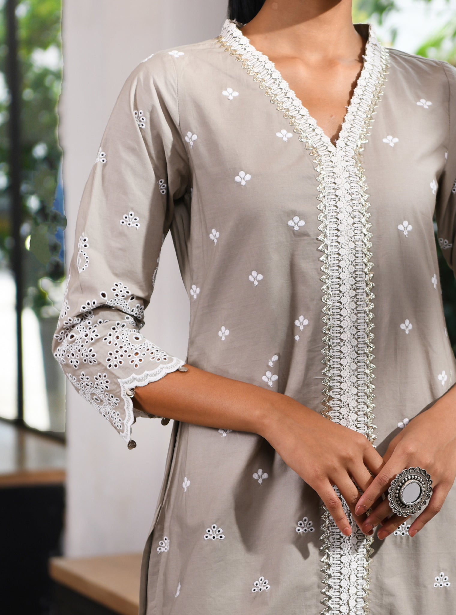 Mulmul Cotton Ophelia Grey kurta With Ophelia Grey Palazzo